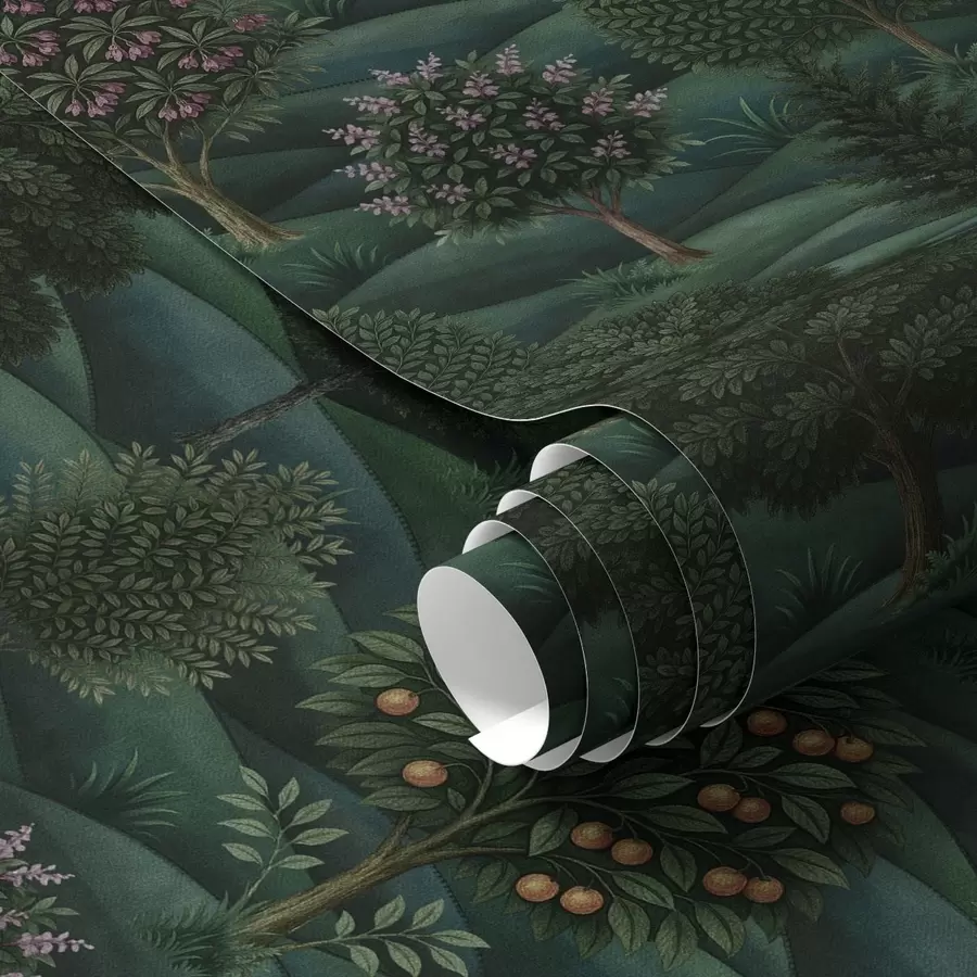 wall murals Rich green rolling landscape with patterned trees a00892