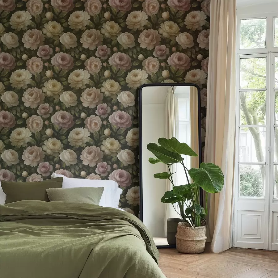 Wall Mural Photo Wallpaper Romantic peonies on a dark botanical background a00893