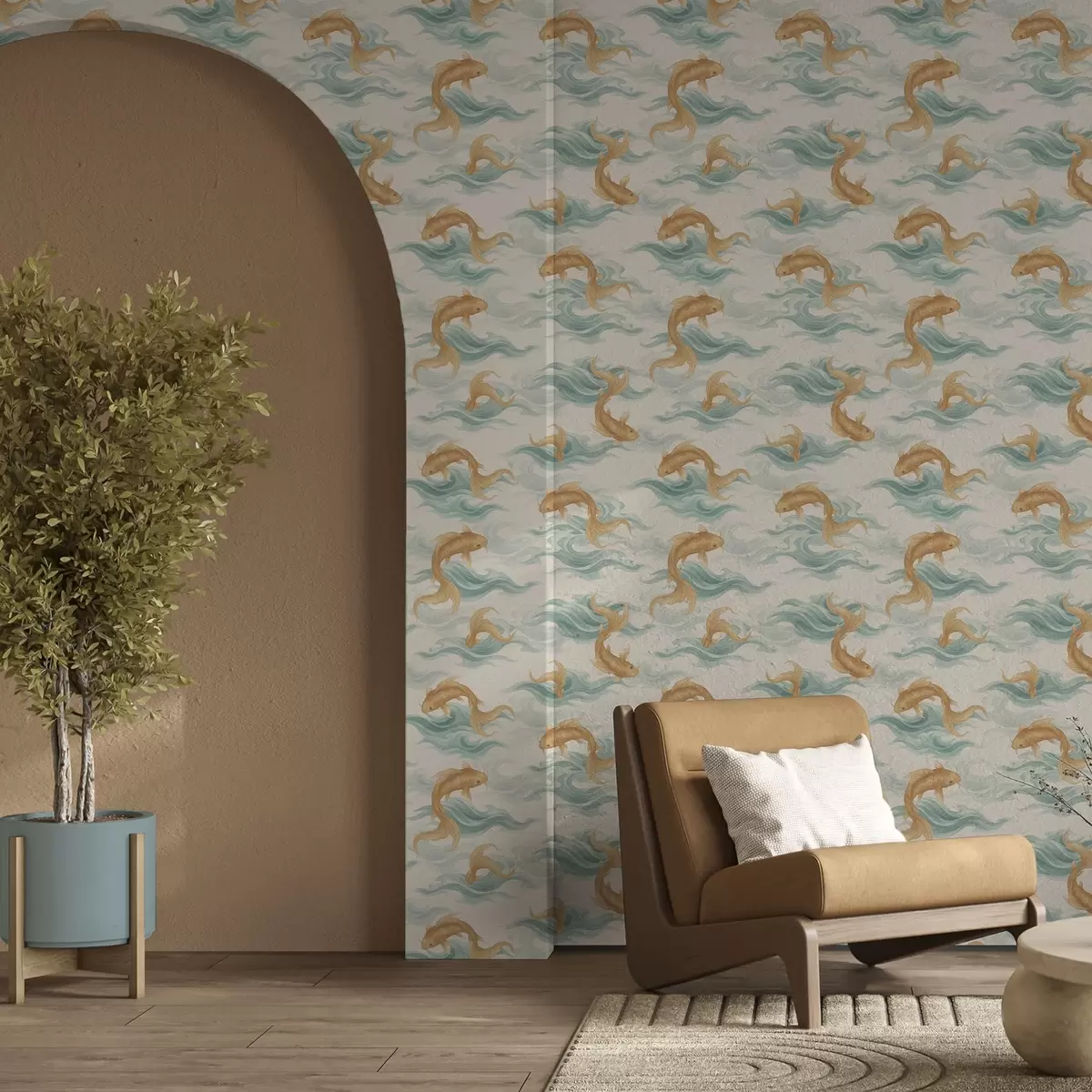 Papier peint Poisson koi ambré nageant parmi les douces vagues turquoise a00894