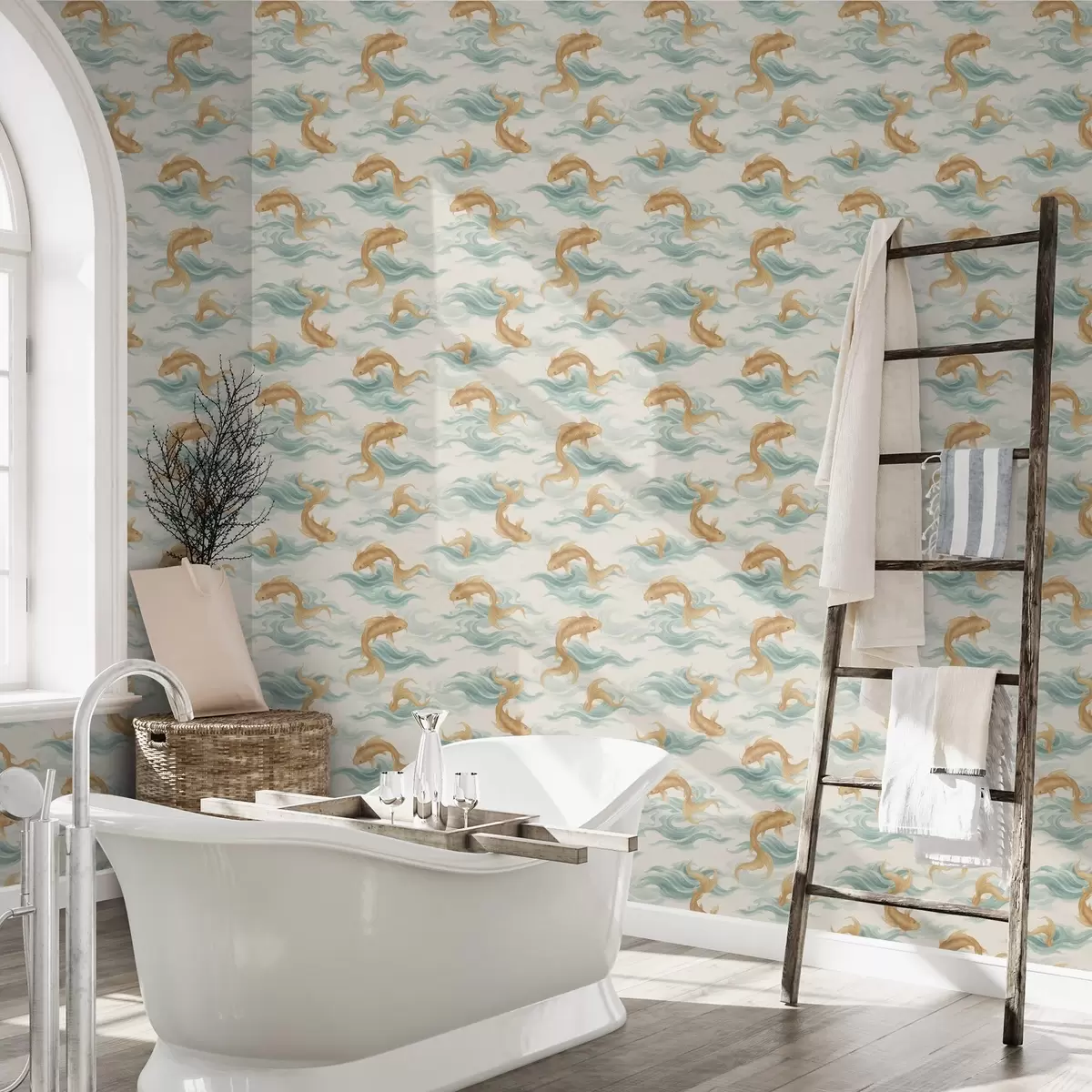 Wallpaper Amber koi fish swimming among soft turquoise waves a00894