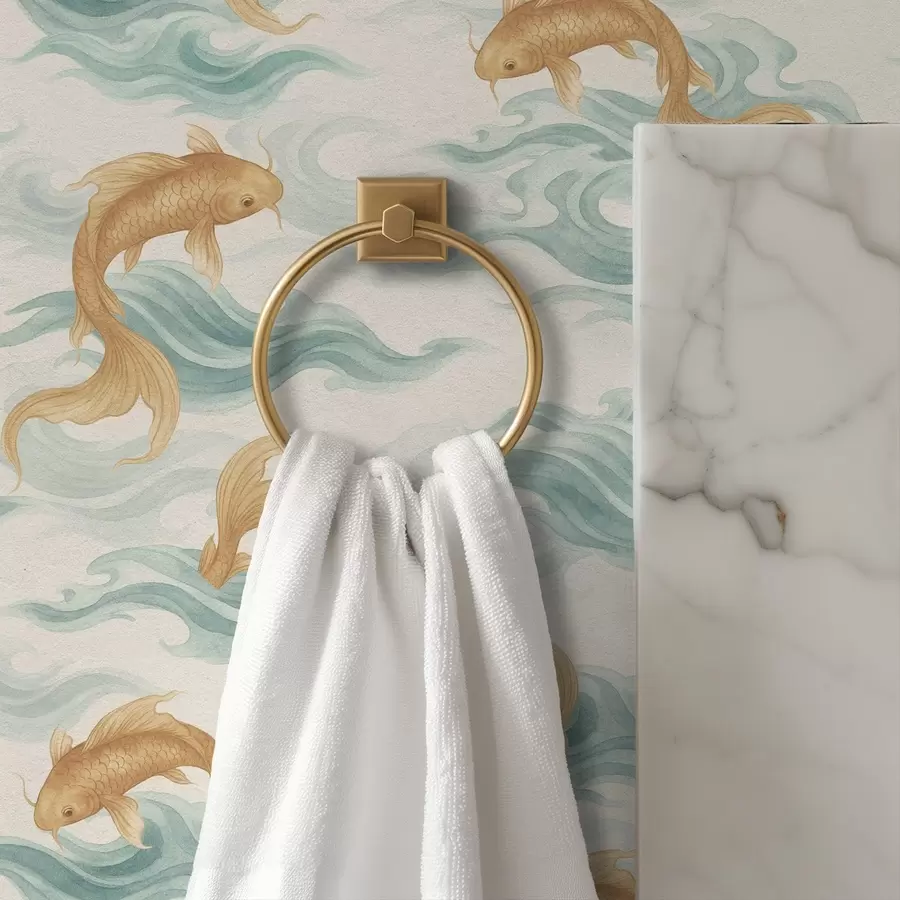 peintures murales Poisson koi ambré nageant parmi les douces vagues turquoise a00894