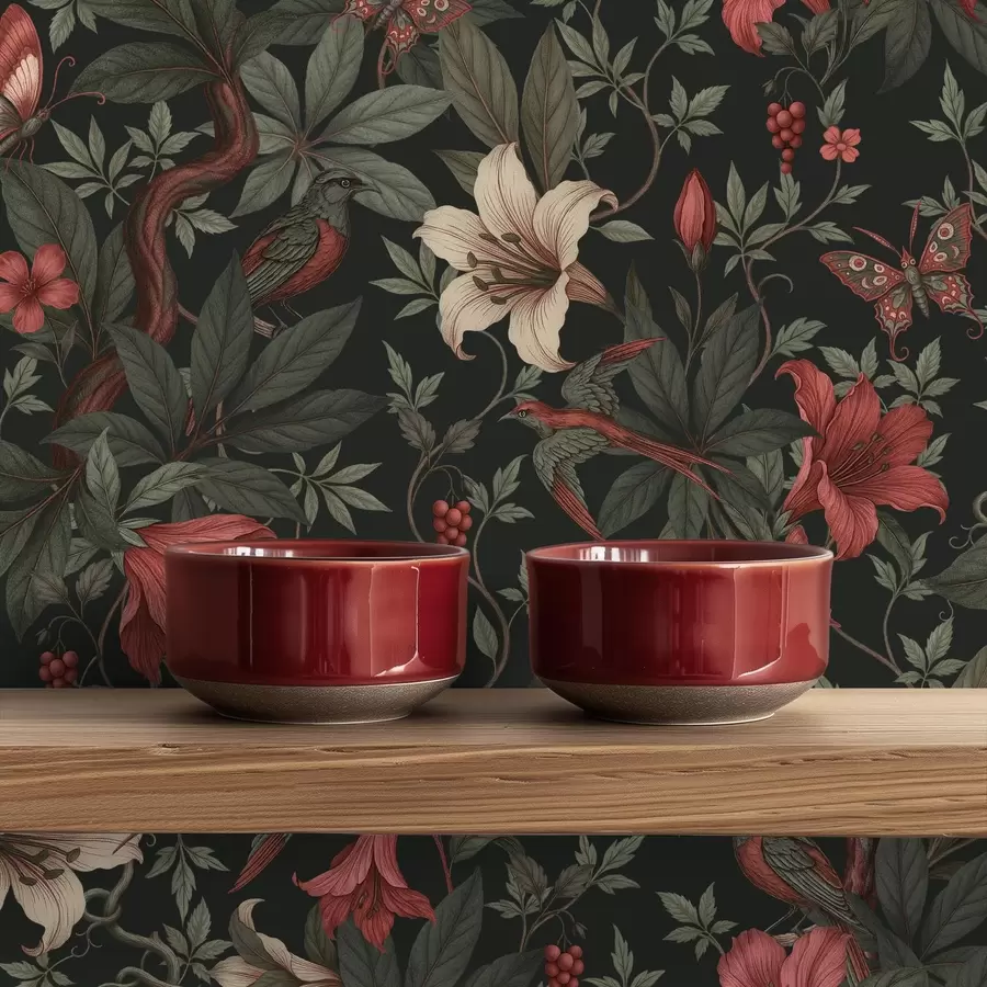 peintures murales Motifs floraux sombres de la jungle avec des oiseaux et des papillons a00895