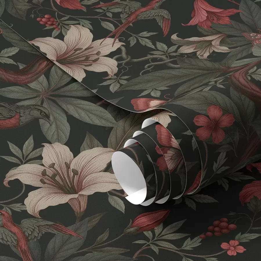 wall murals Dark jungle florals with birds and butterflies a00895