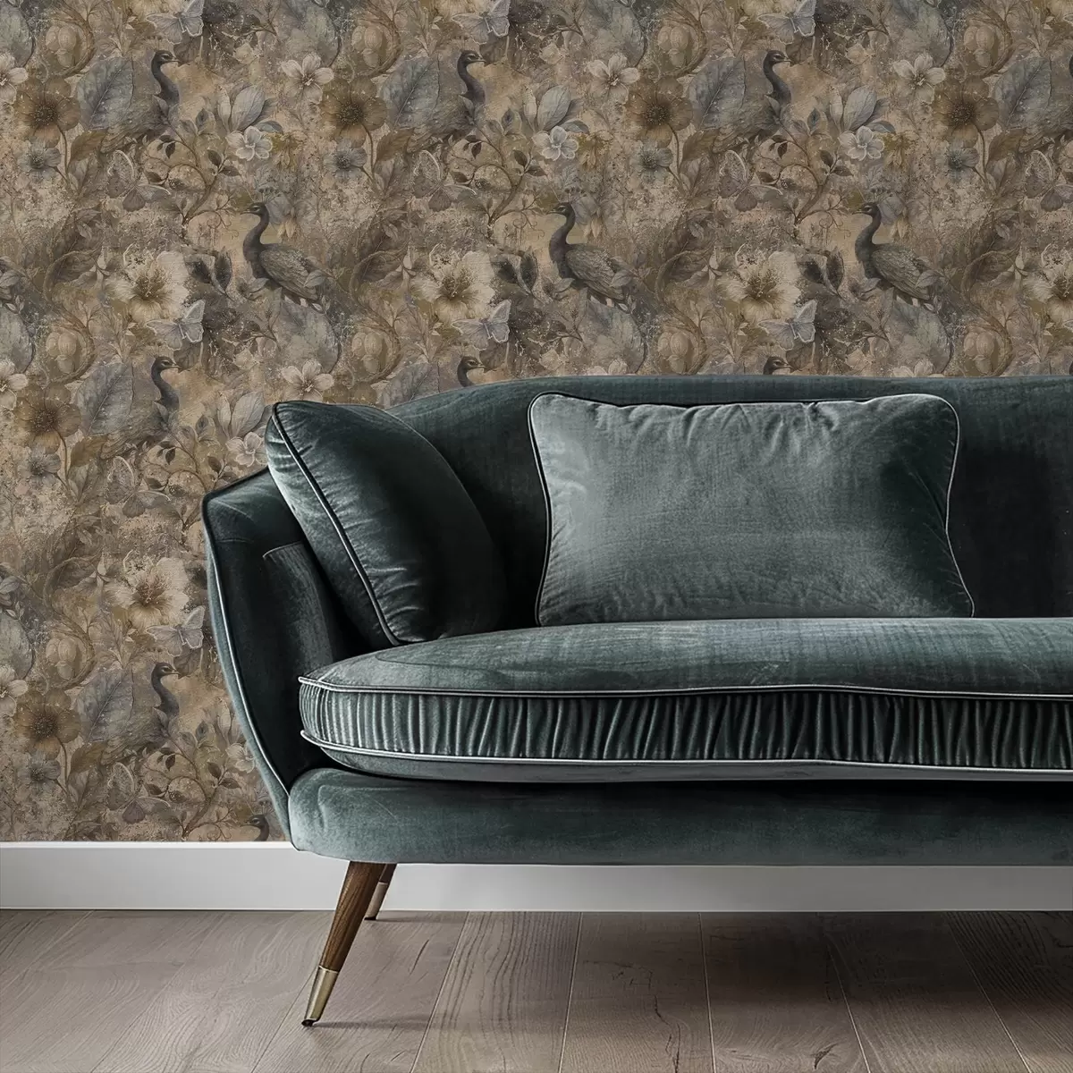 Papier peint Collage floral vieilli avec des paons et des papillons a00897