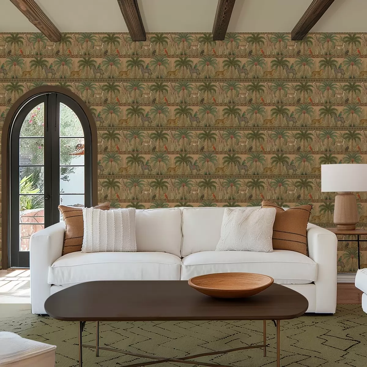 Papier peint Animaux décoratifs de la savane entre palmiers et bordures a00898