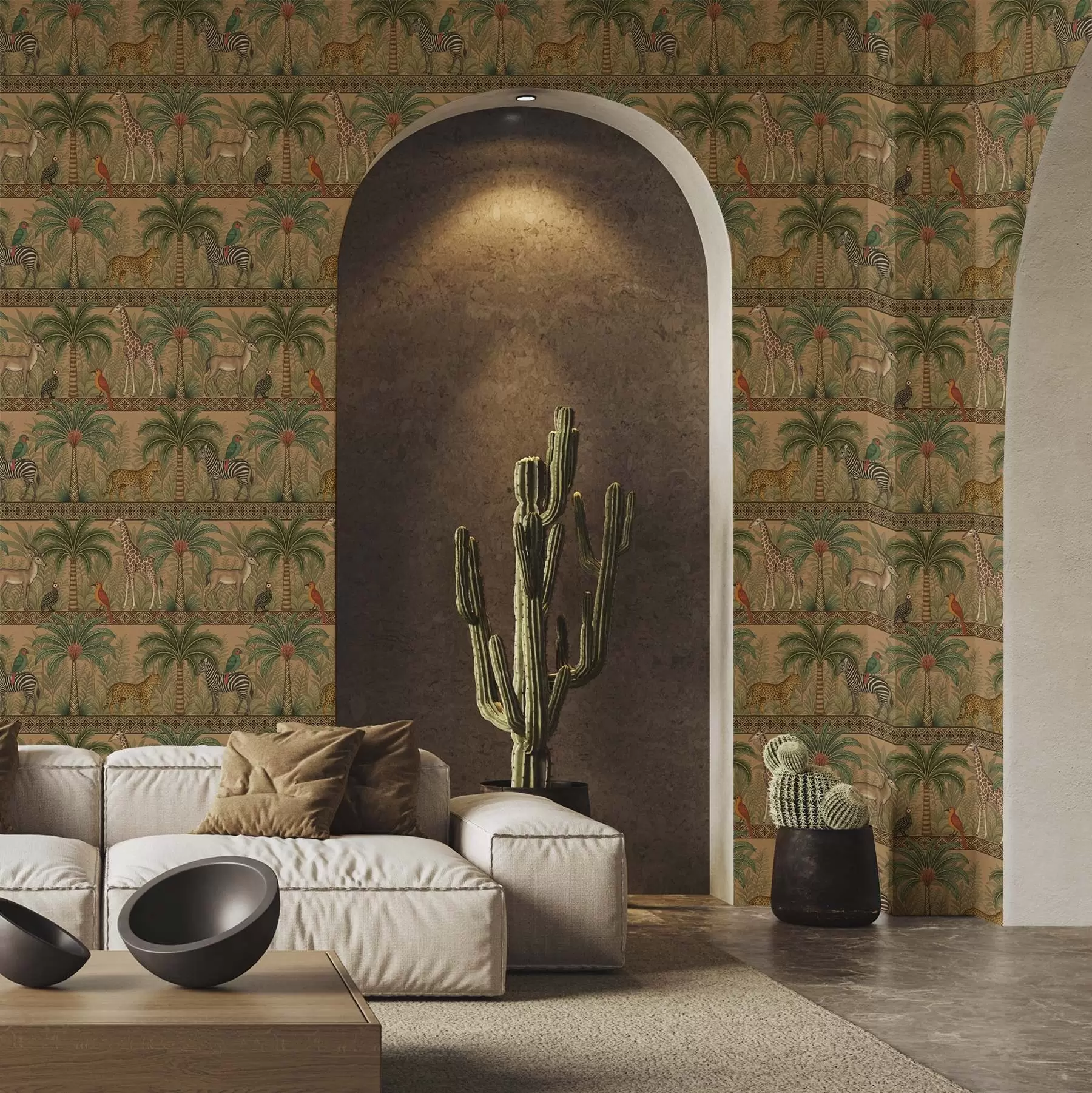 peintures murales Animaux décoratifs de la savane entre palmiers et bordures a00898