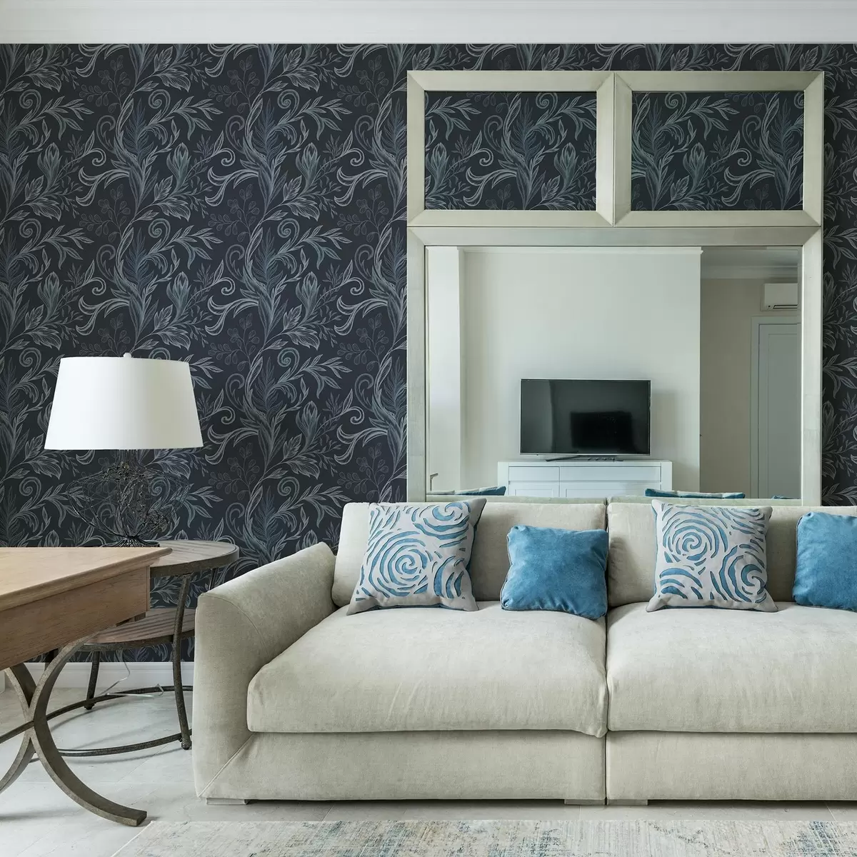 Papier peint Feuilles recourbées bleu indigo foncé avec ombrage dessiné à la main a00935