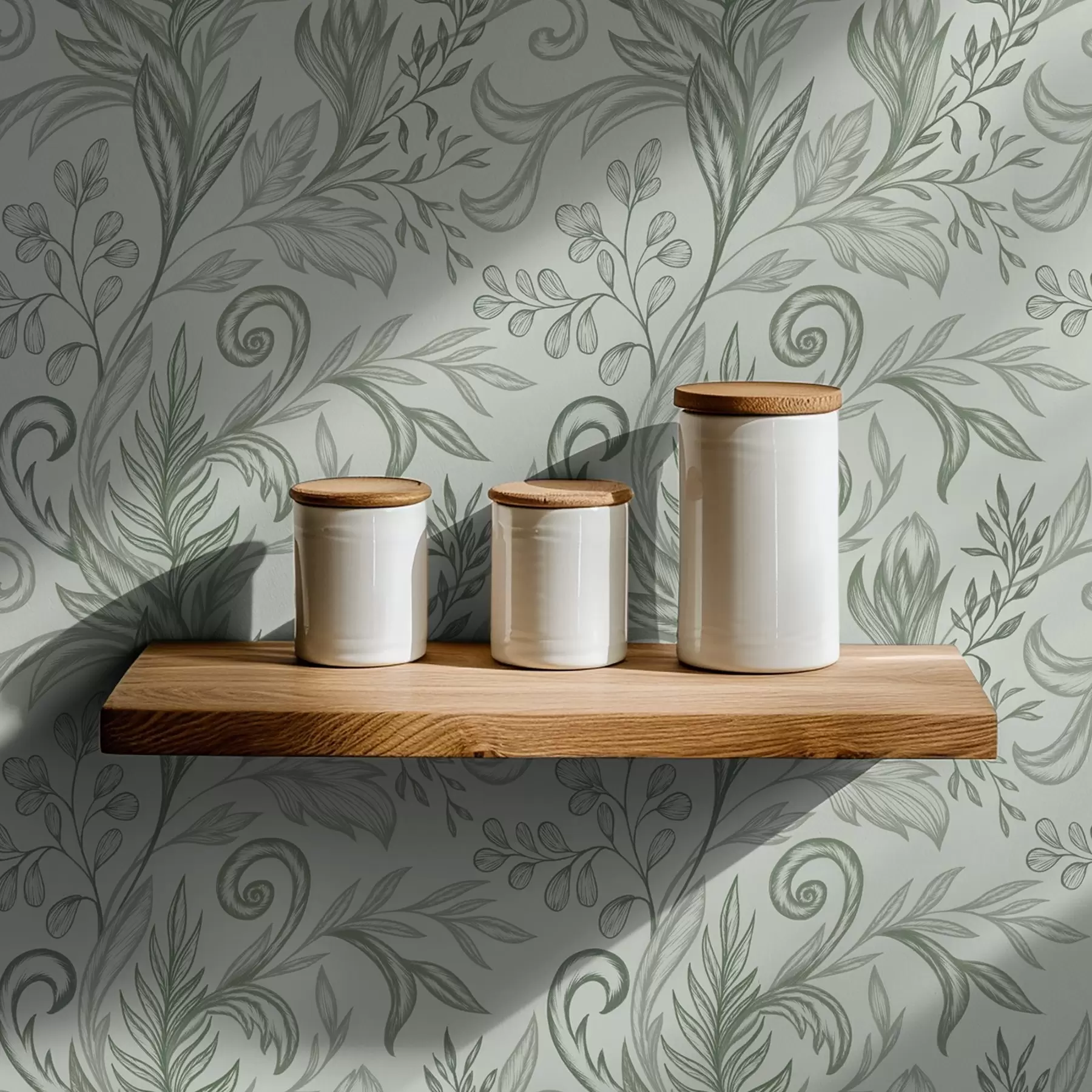 Wall Mural Photo Wallpaper Soft mint curled leaves in delicate grey-green lines a00935v3