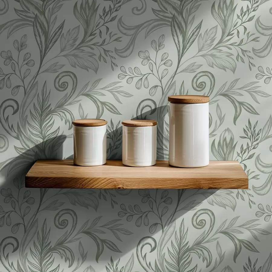 murales Hojas rizadas de menta suave con delicadas líneas gris verdosas. a00935v3