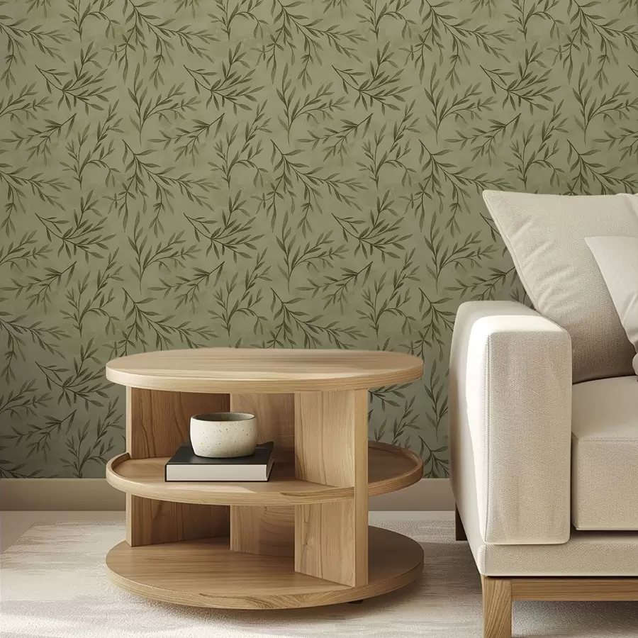 peintures murales Brins d'olivier sur fond texturé jaune-vert discret a00936