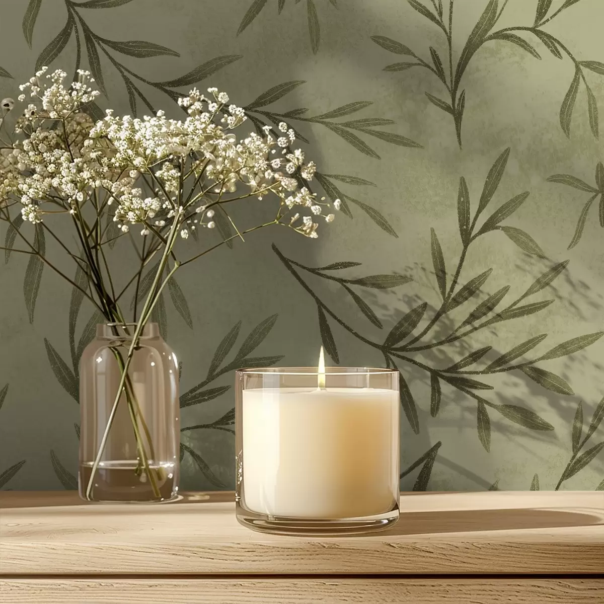 Papel pintado Ramitas de olivo sobre un fondo texturizado de color amarillo verdoso apagado. a00936