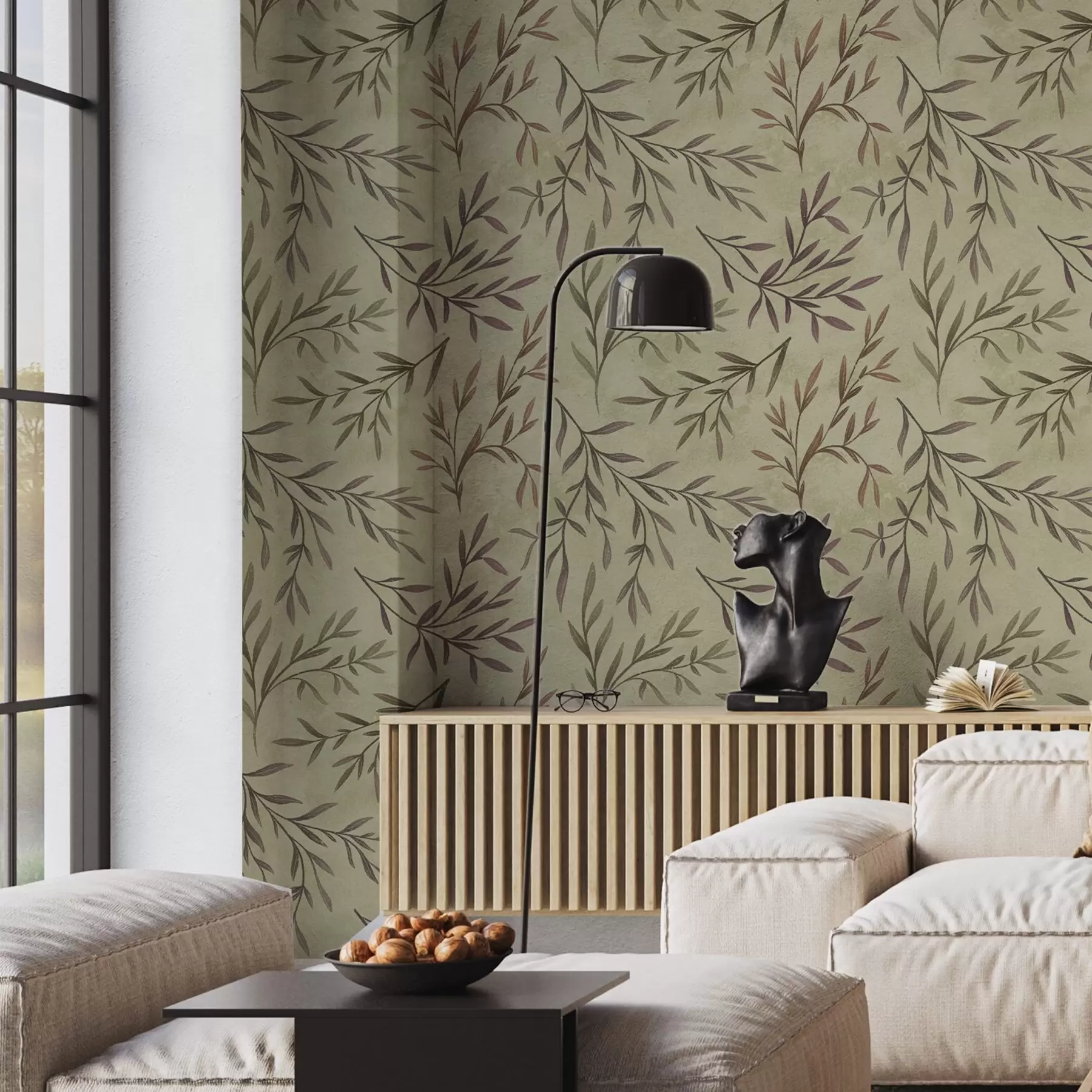 peintures murales Branches de lilas et de verdure avec des feuilles sur un fond chaud a00936v4