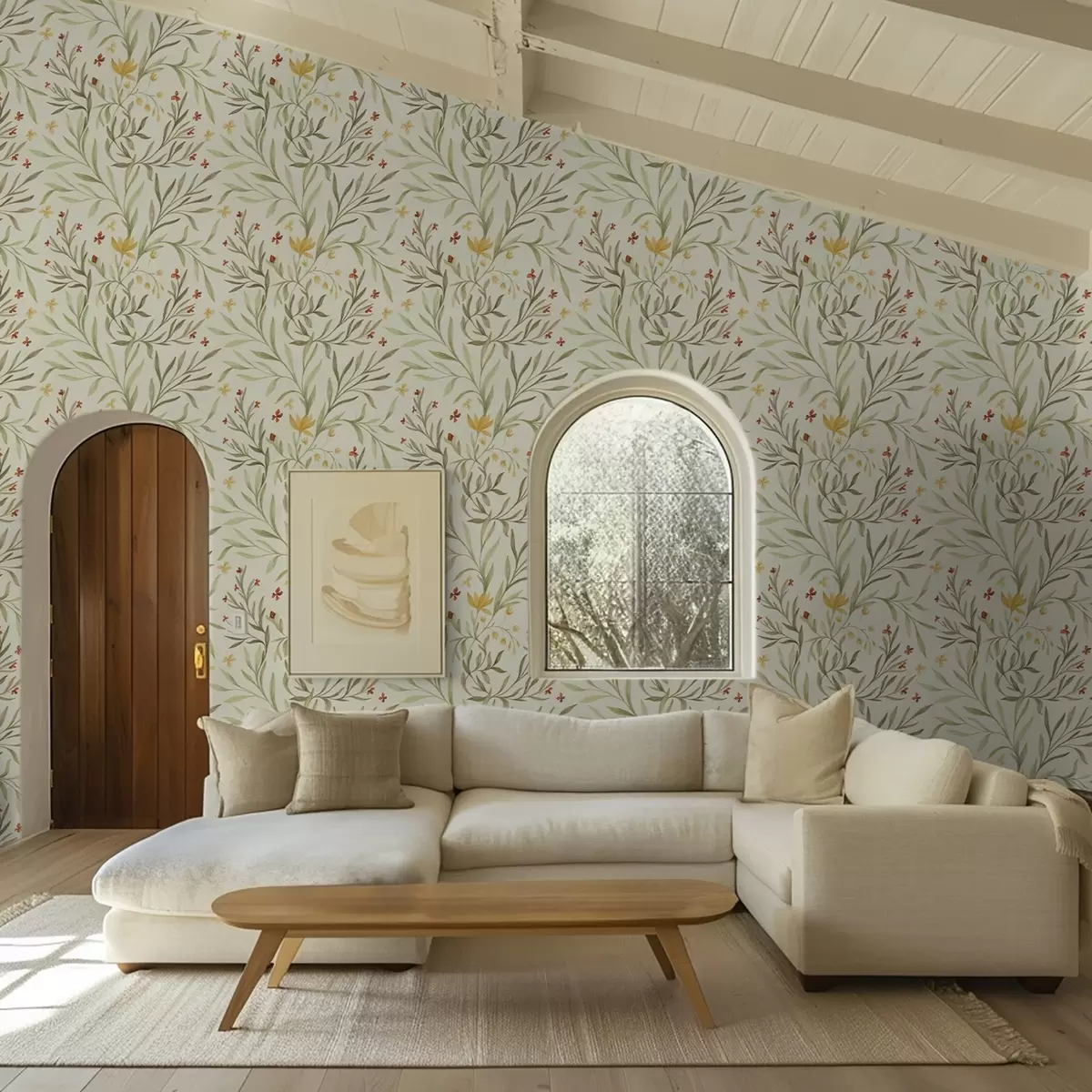 Papier peint Fleurs jaunes et rouges sur fond vert clair a00937