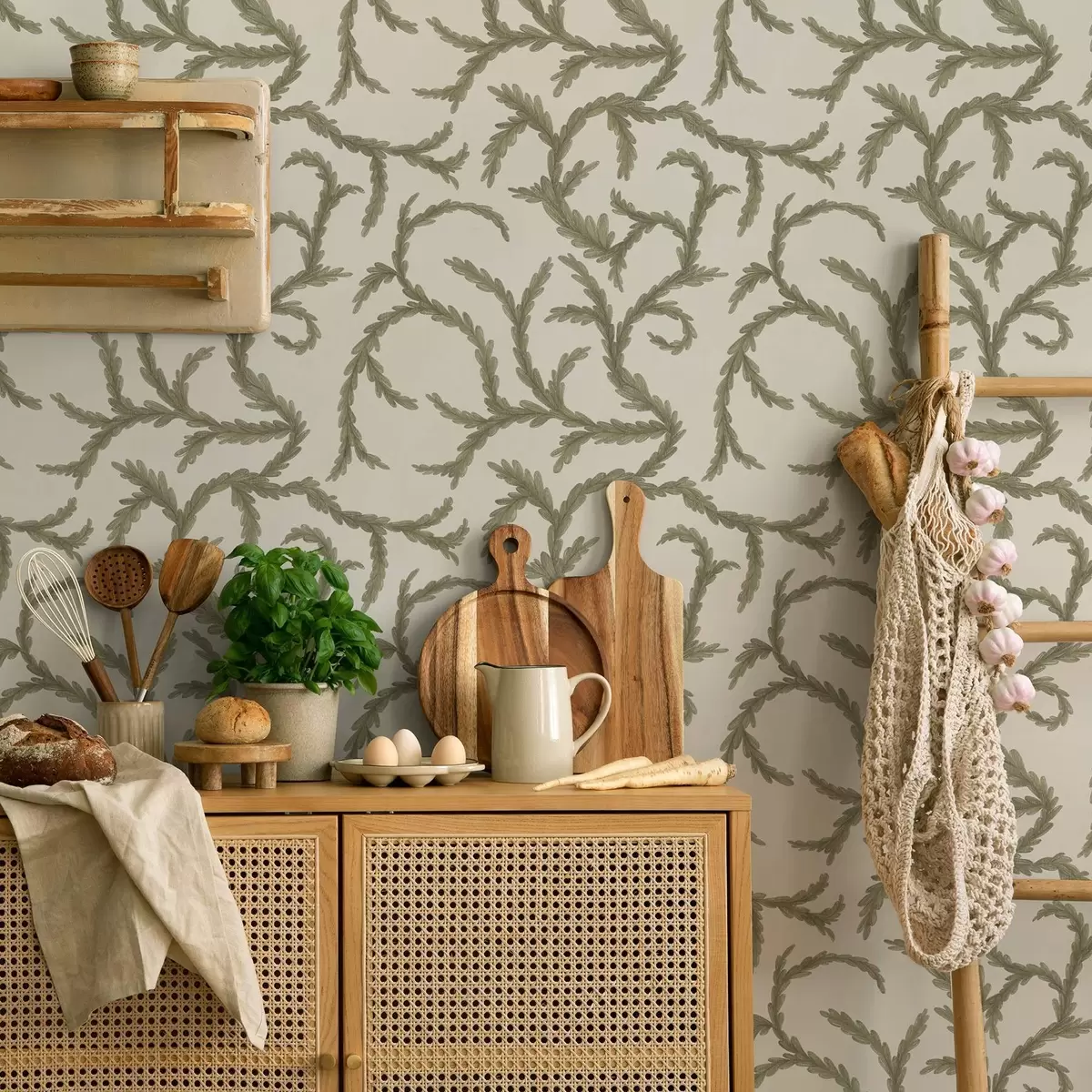 Wallpaper Soft green conifer curls on a light background a00938