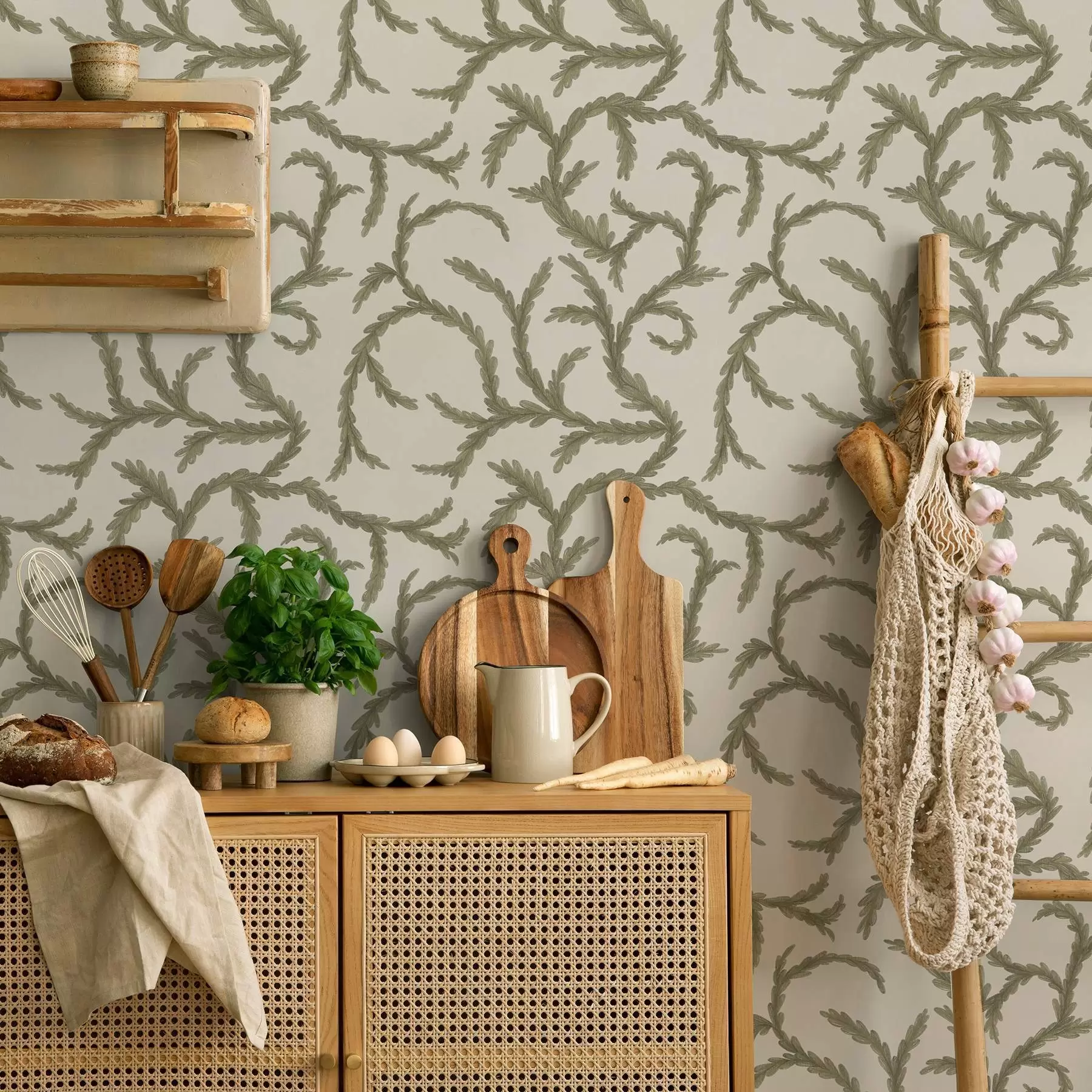 murales Suaves rizos verdes de coníferas sobre un fondo claro a00938