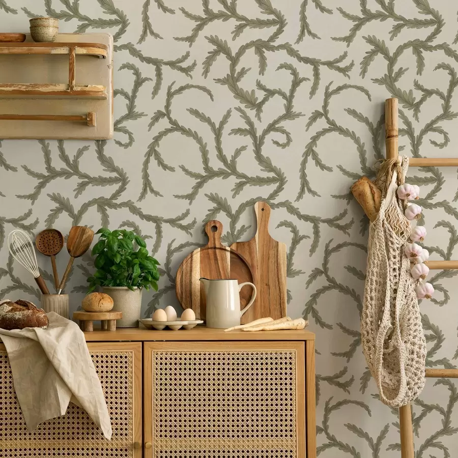 peintures murales Boucles de conifères verts tendres sur fond clair a00938