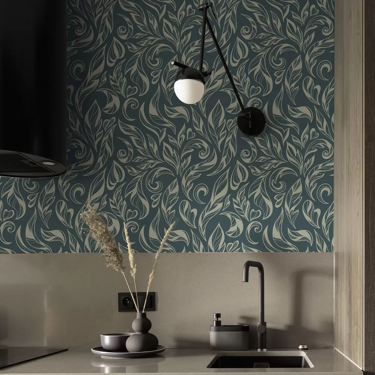 Papel pintado Patrón de hojas con líneas claras sobre fondo azul grisáceo. a00940