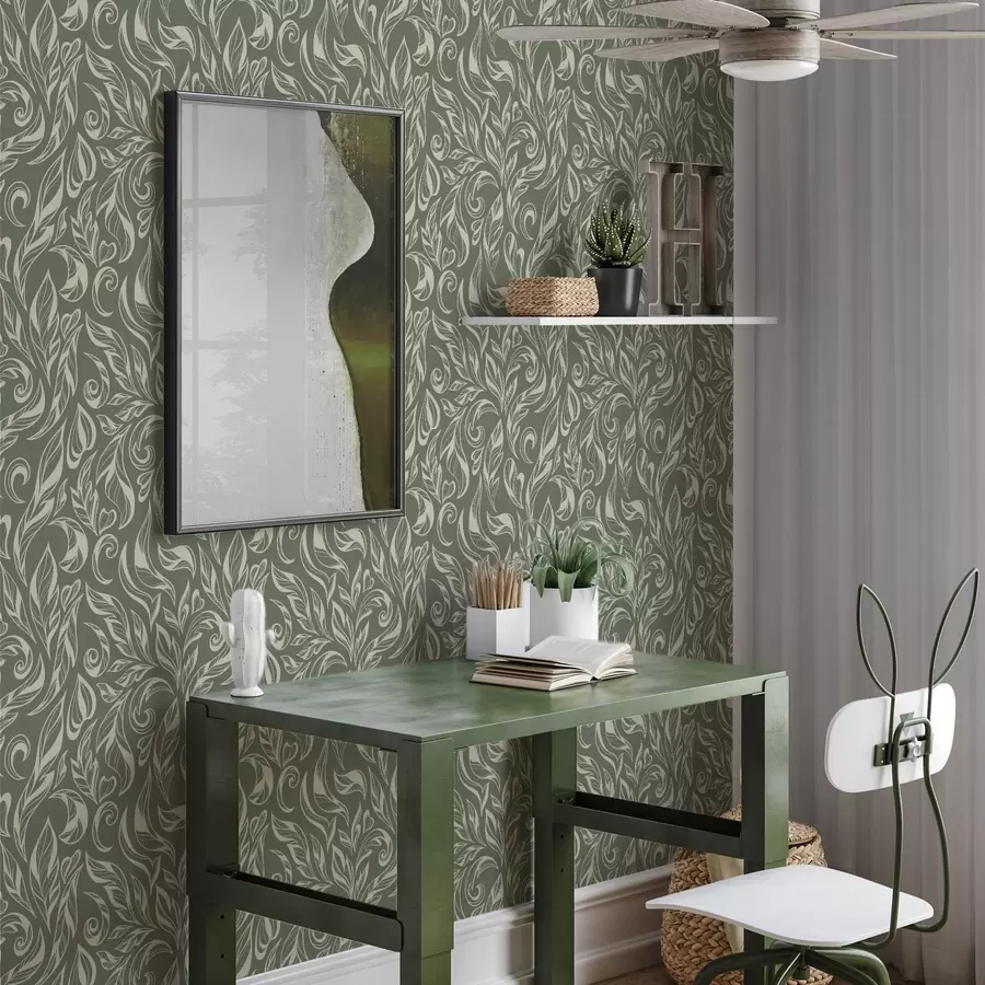 wall murals Cream leafy ornament on a greenish-grey background a00940v2