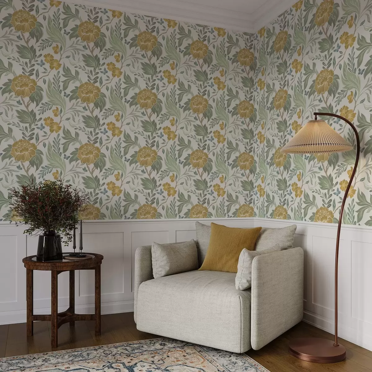 Papier peint Grandes pivoines jaunes et verdure sur fond clair a00941