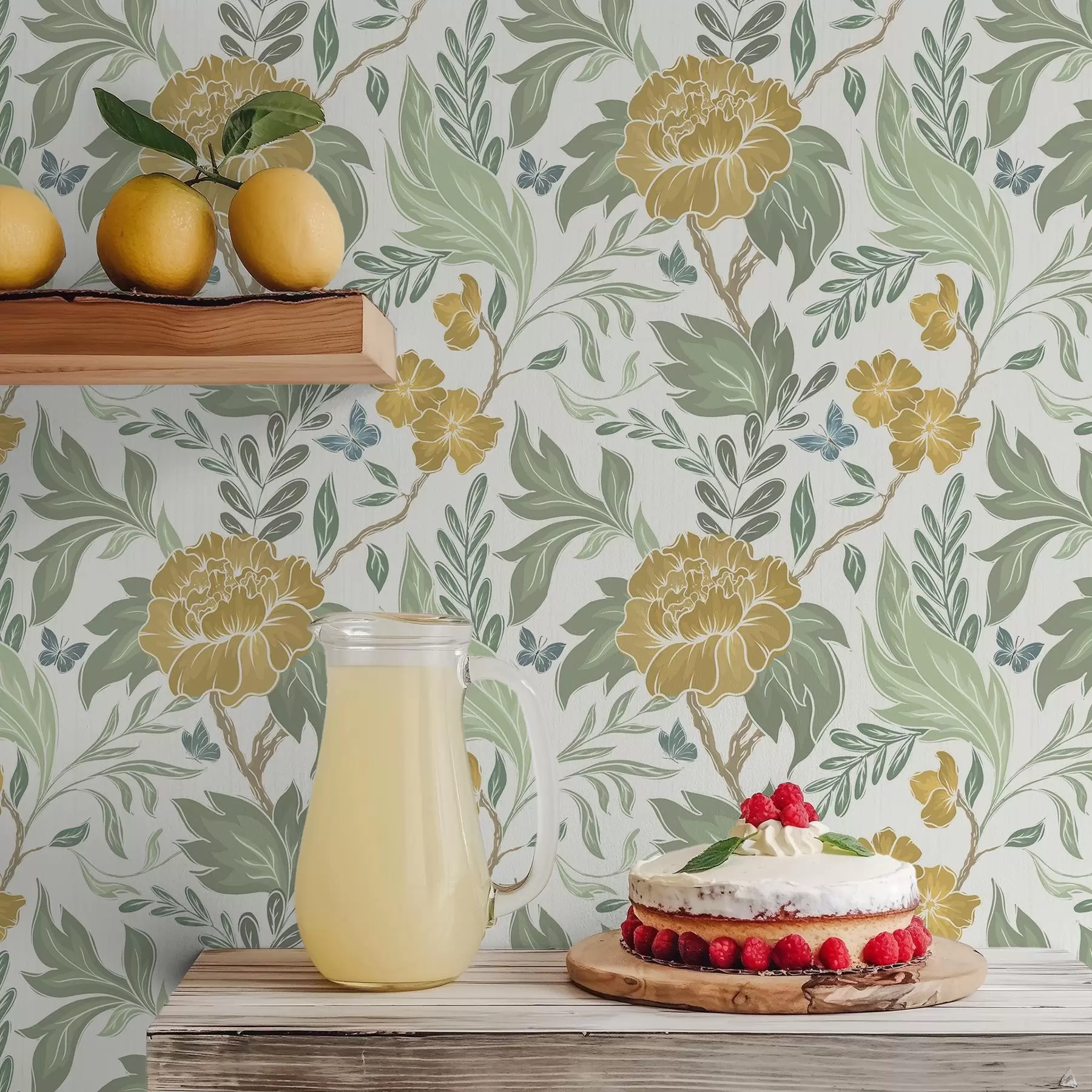 Wall Mural Photo Wallpaper Large yellow peonies and greenery on a light background a00941