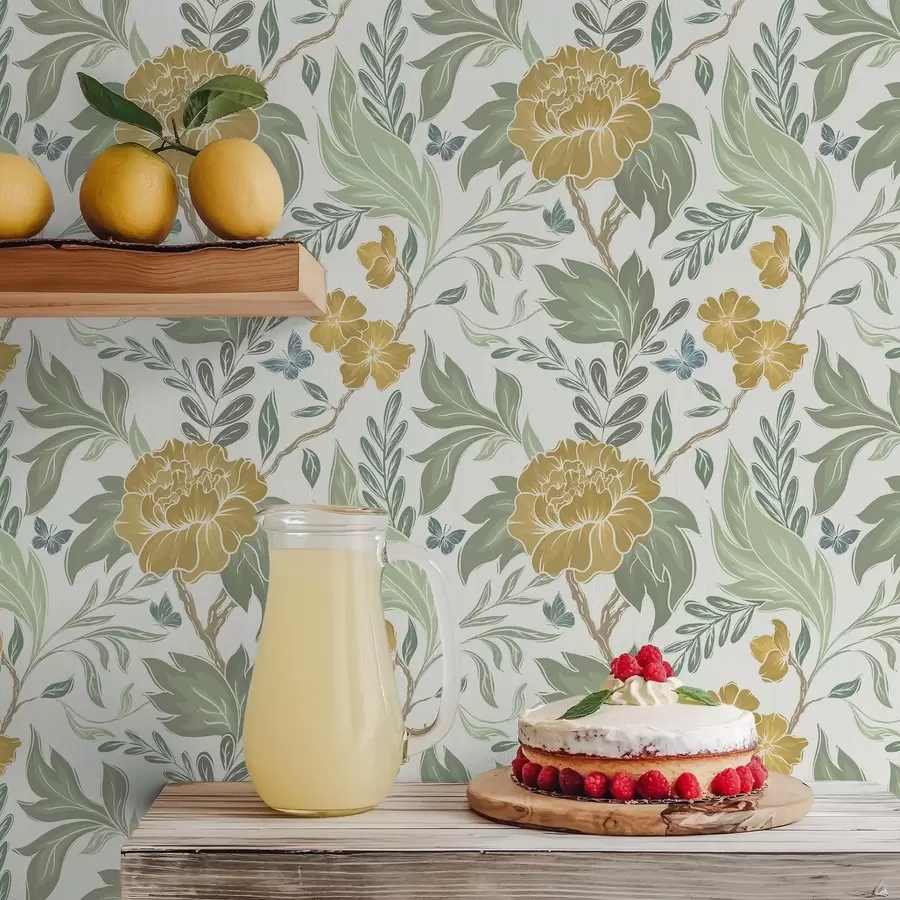 peintures murales Grandes pivoines jaunes et verdure sur fond clair a00941