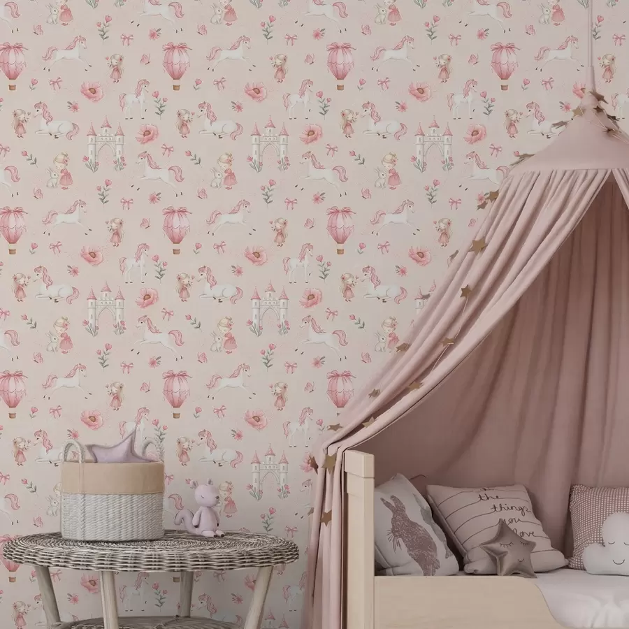 peintures murales Licornes roses, petites filles et château sur un fond doux a00957