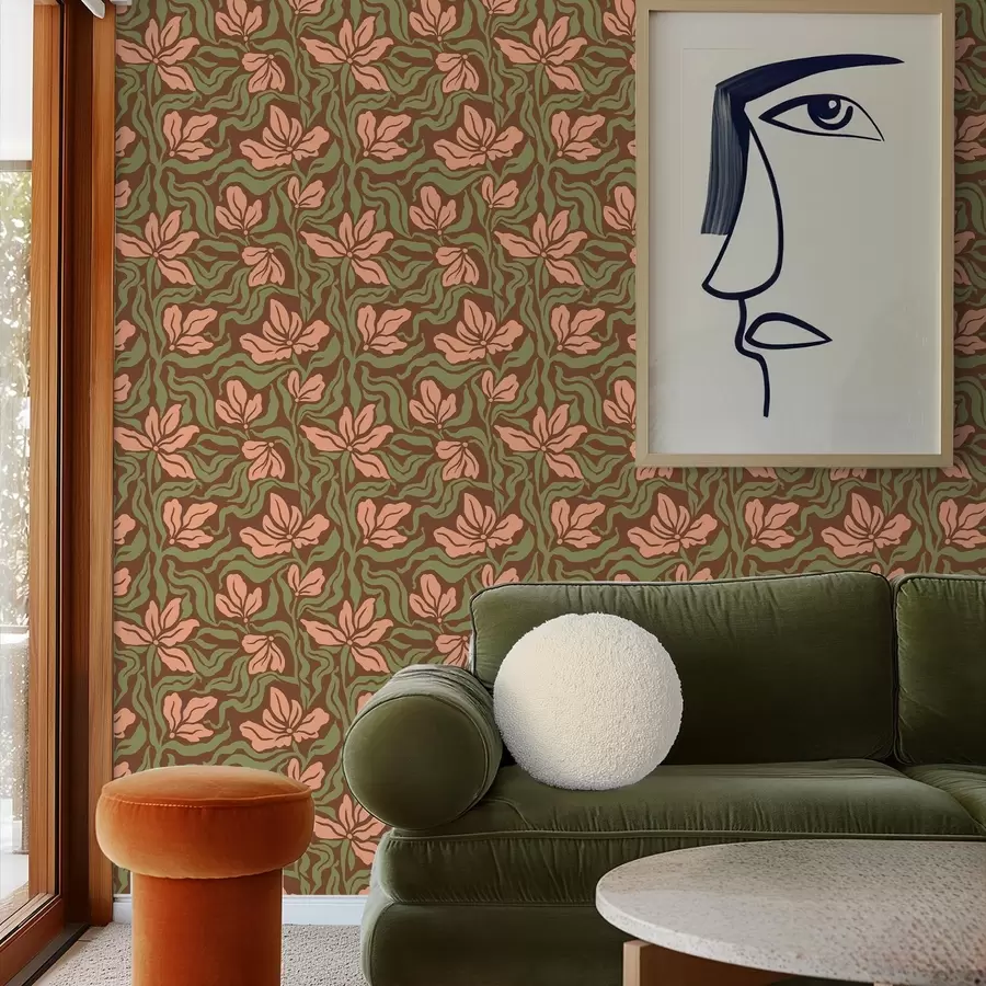 Wall Mural Photo Wallpaper Peach flowers and greenery on a deep brown background a00958v2