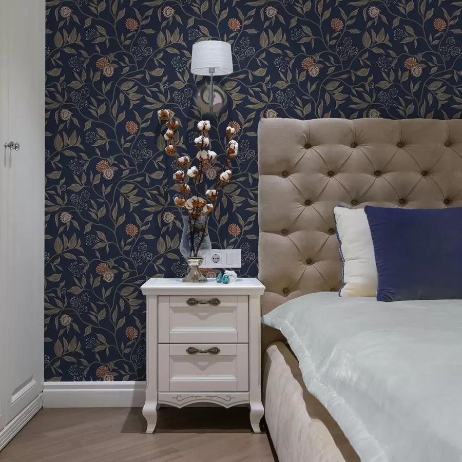 peintures murales Jardin bleu avec des branches, des fruits et de minuscules fleurs a00959