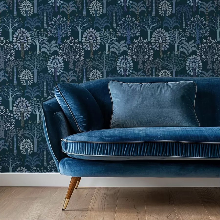 murales Bosque nocturno con árboles decorativos en tonos azules a00960v2