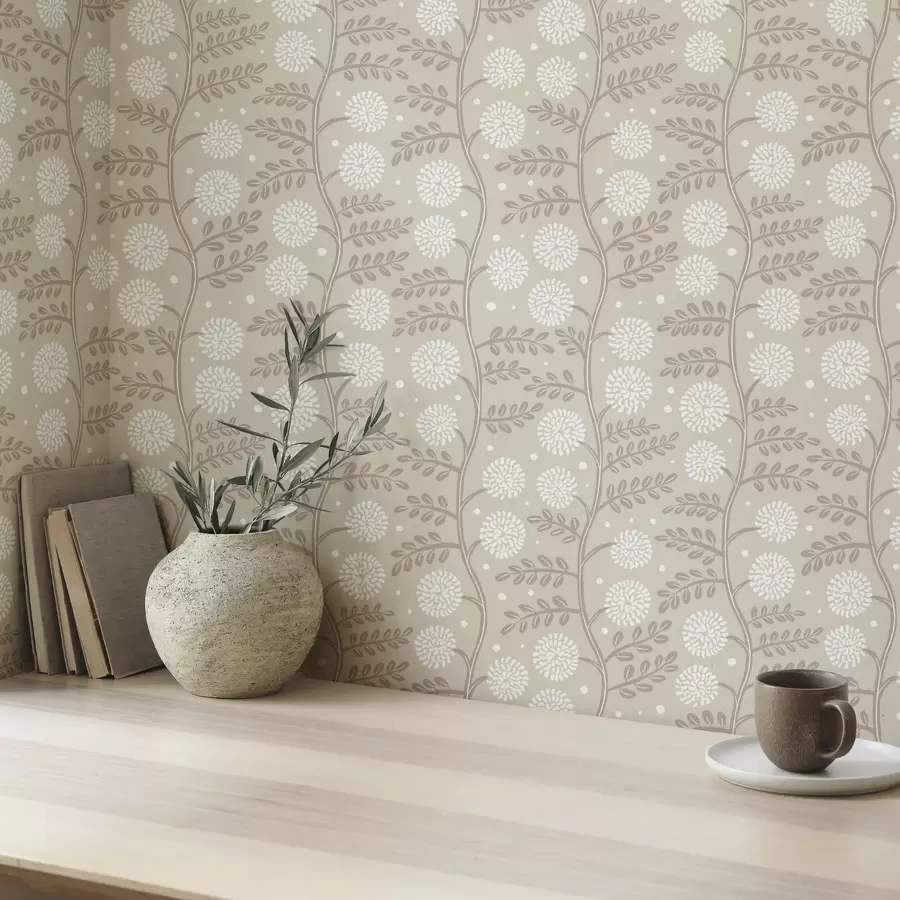 peintures murales Tiges beiges avec des fleurs blanches duveteuses et des points doux a00997