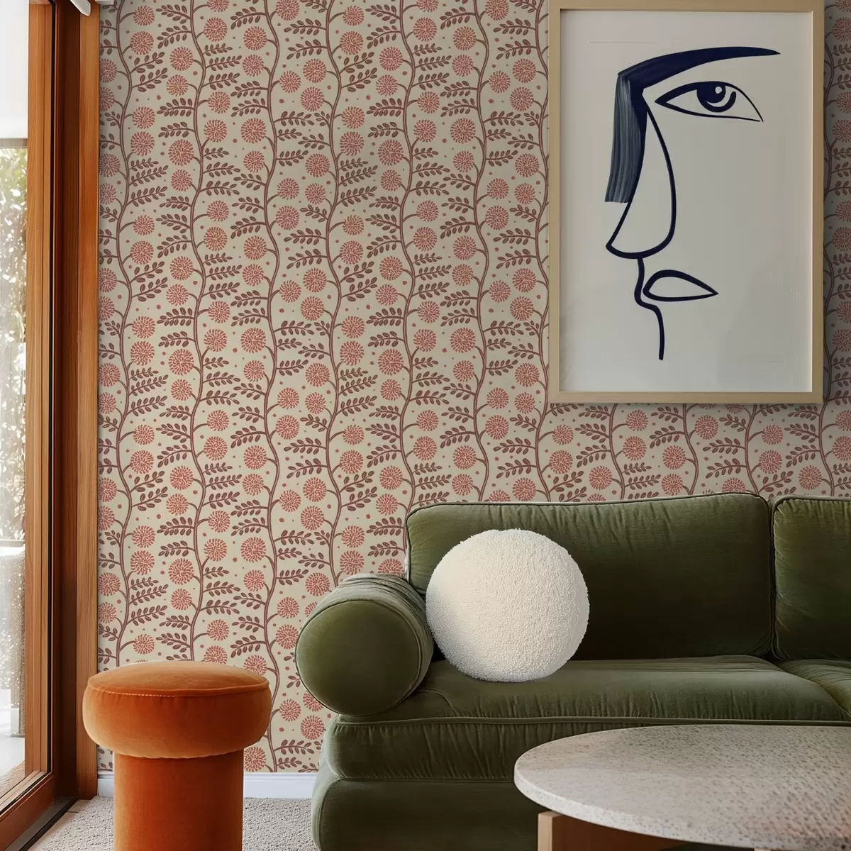 Papier peint Tiges en terre cuite avec des fleurs corail duveteuses sur fond crème a00997v1