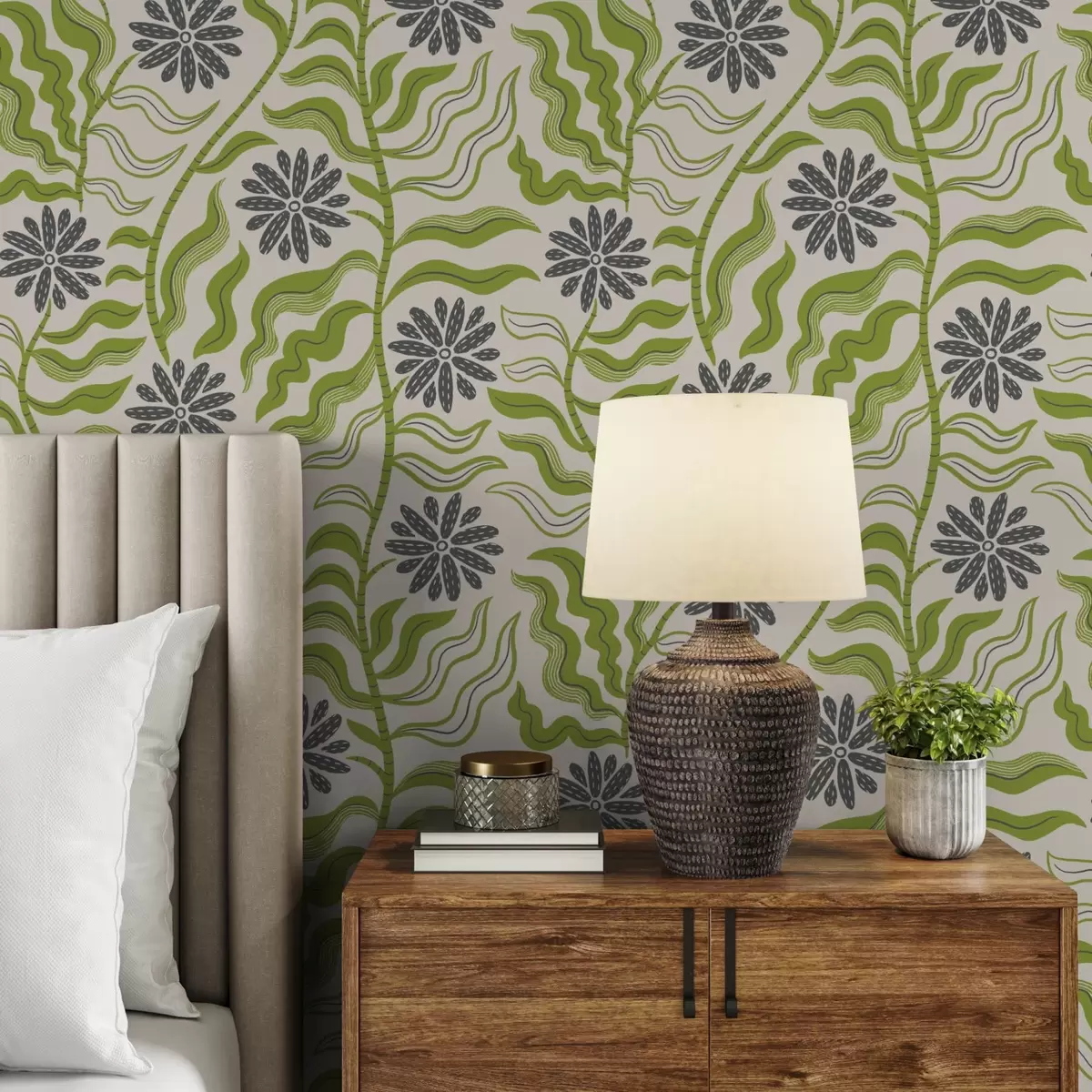 Papel pintado Divertidas margaritas verdes con hojas onduladas sobre fondo crema. a00998