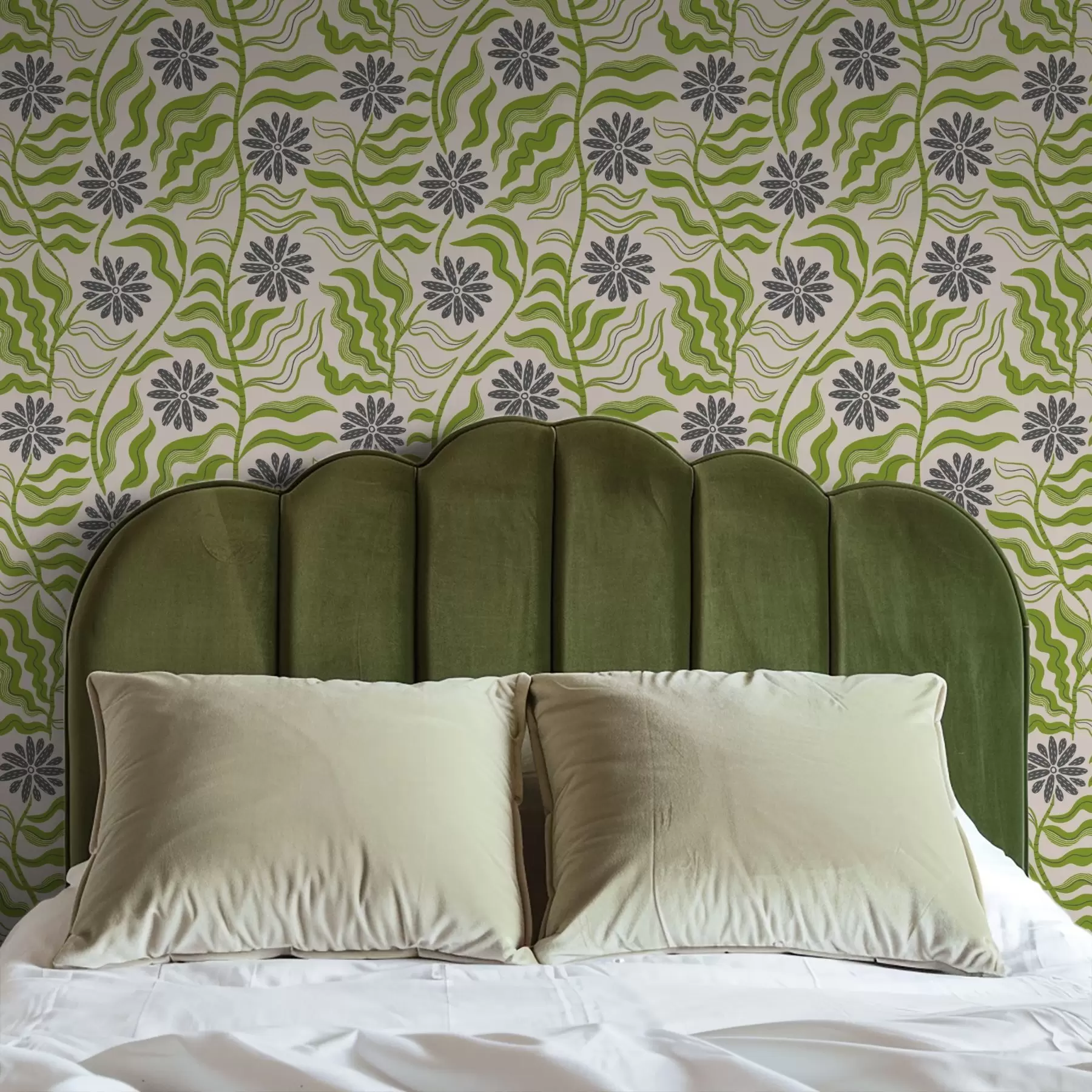 peintures murales Marguerites vertes espiègles aux feuilles ondulées sur fond crème a00998