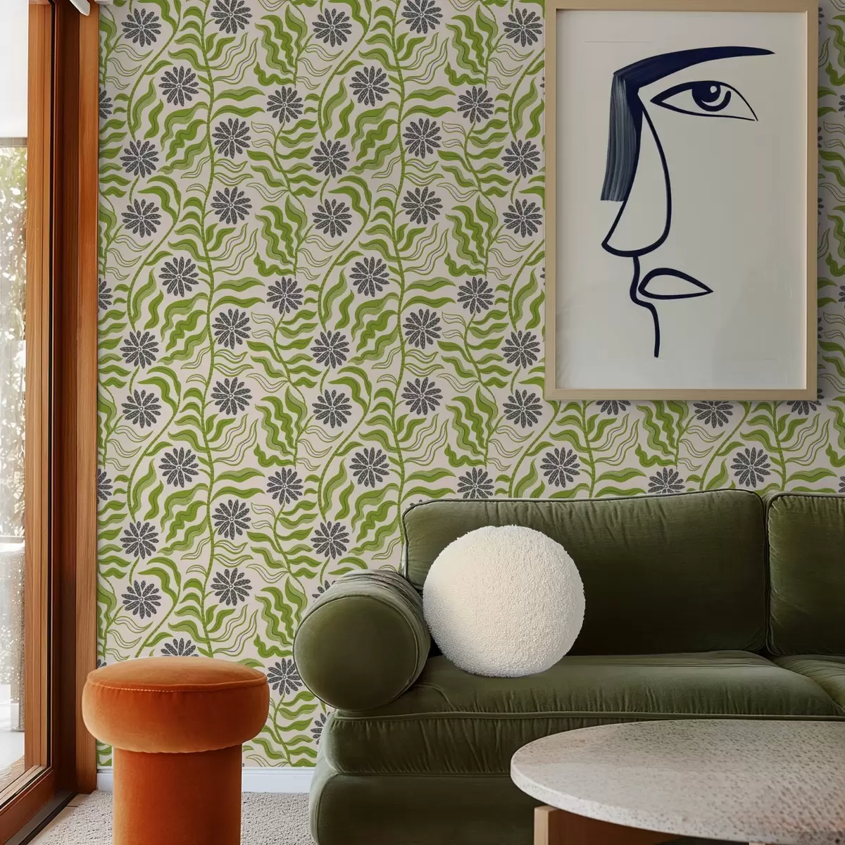 Papier peint Marguerites vertes espiègles aux feuilles ondulées sur fond crème a00998