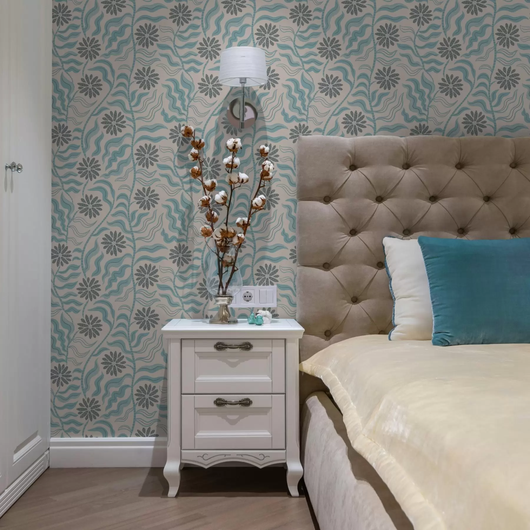 murales Flores abstractas y hojas onduladas en suaves tonos azules a00998v1