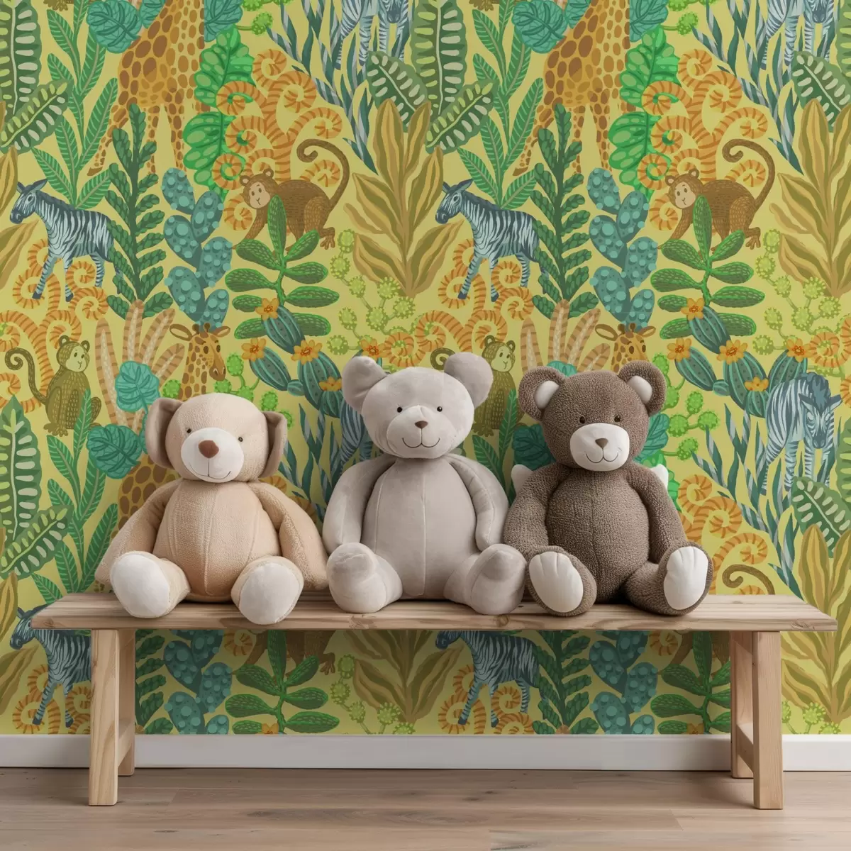 Papier peint Girafe, zèbre et singe dans une savane jaune vif a01000v1