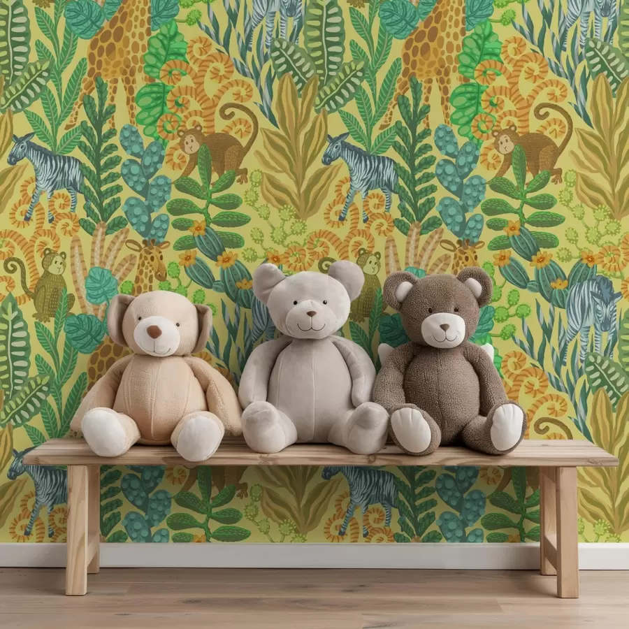 Wall Mural Photo Wallpaper Giraffe, zebra and monkey in a bright yellow savanna a01000v1