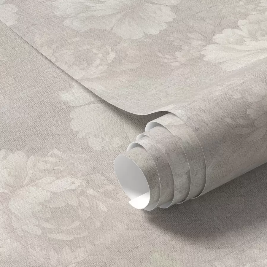 wall murals Faded peonies on linen texture in a soft beige palette a01018