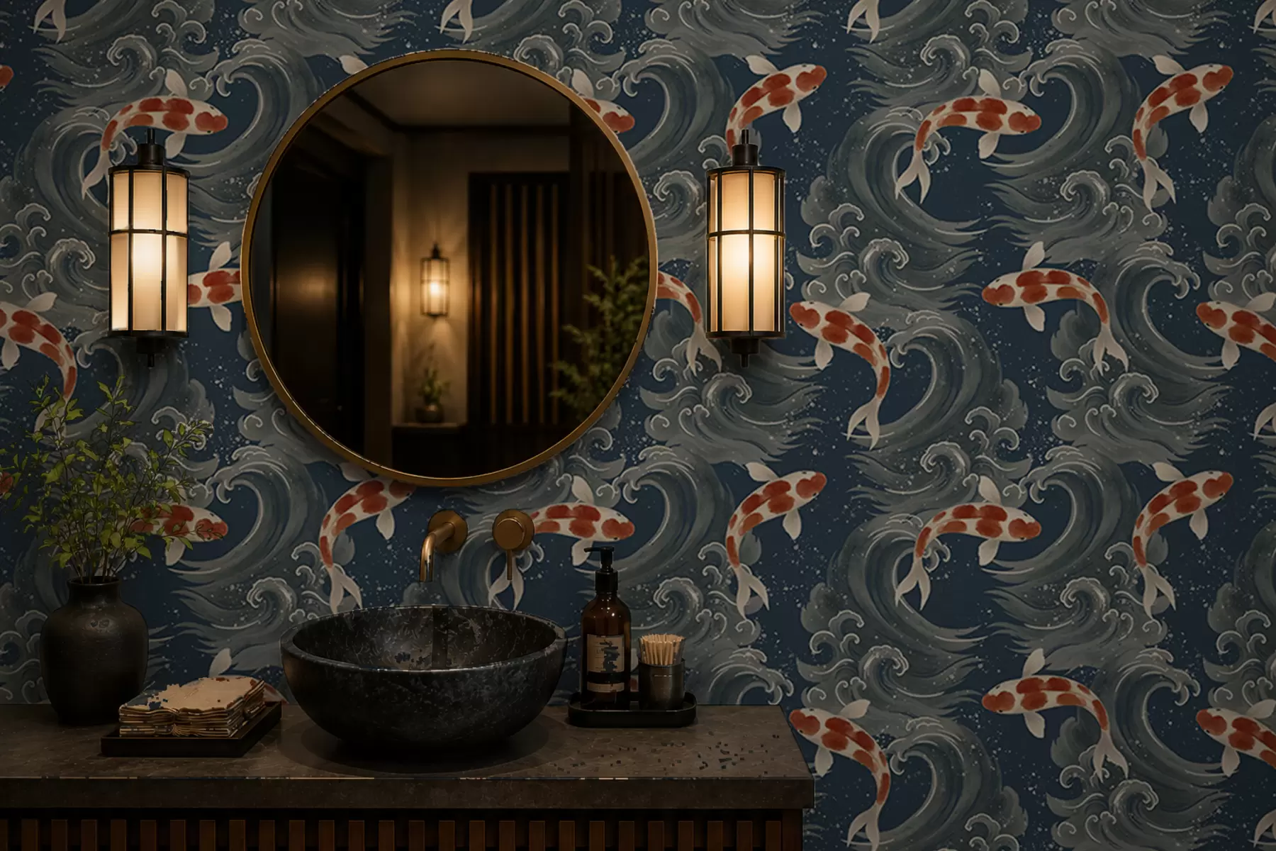 murales Peces koi nadando entre espectaculares olas oceánicas a01019