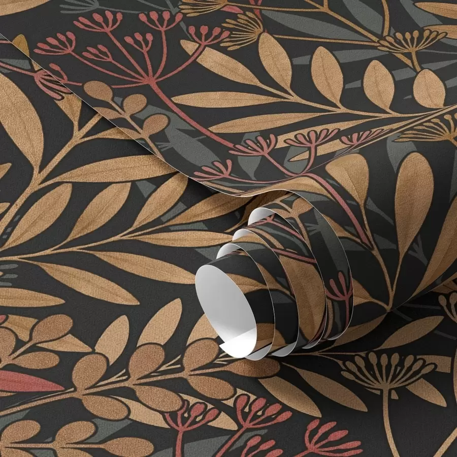 Wall Mural Photo Wallpaper Dark meadow with stylised leaves and seed pods a01020