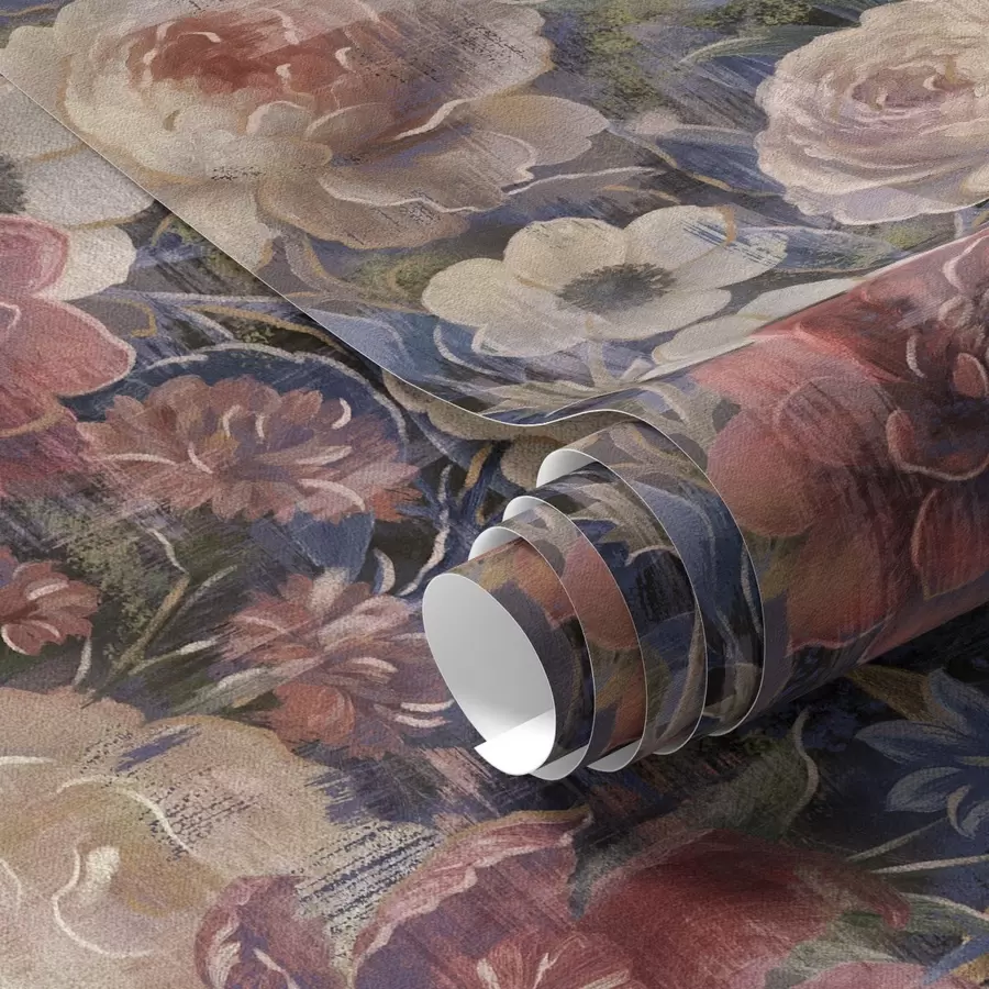 peintures murales Bouquet pictural de grandes fleurs sur fond indigo foncé a01021