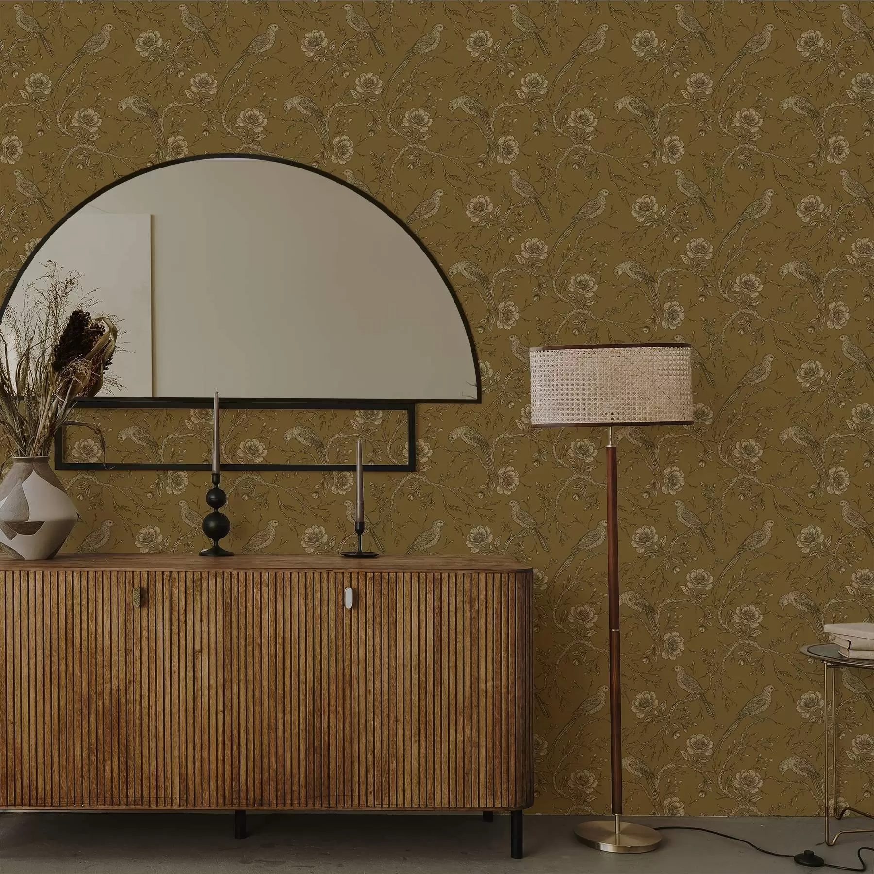 murales Aves y flores vintage sobre un cálido fondo oliva a01022v1