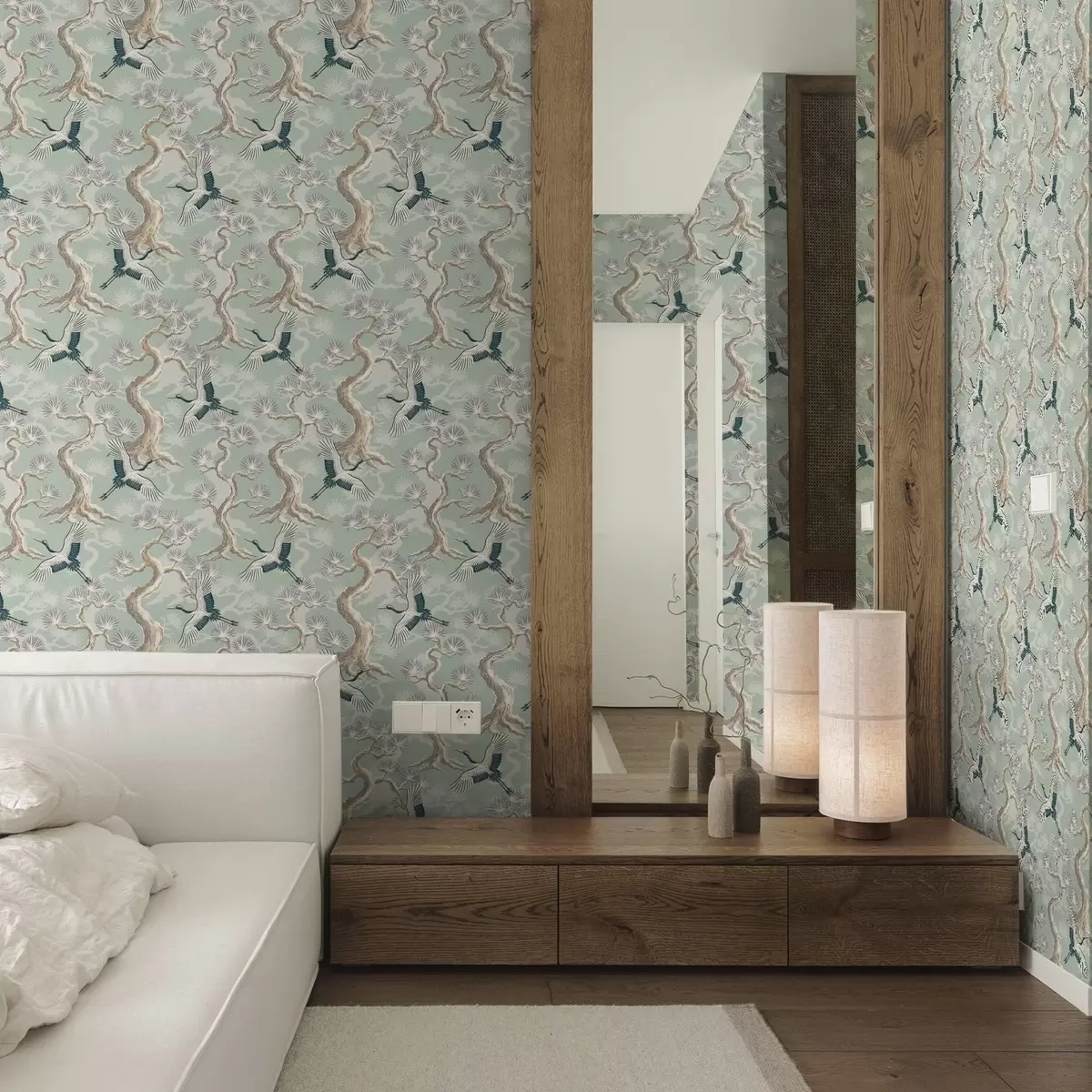 Wallpaper Cranes among curved branches on a soft sage-coloured background a01023