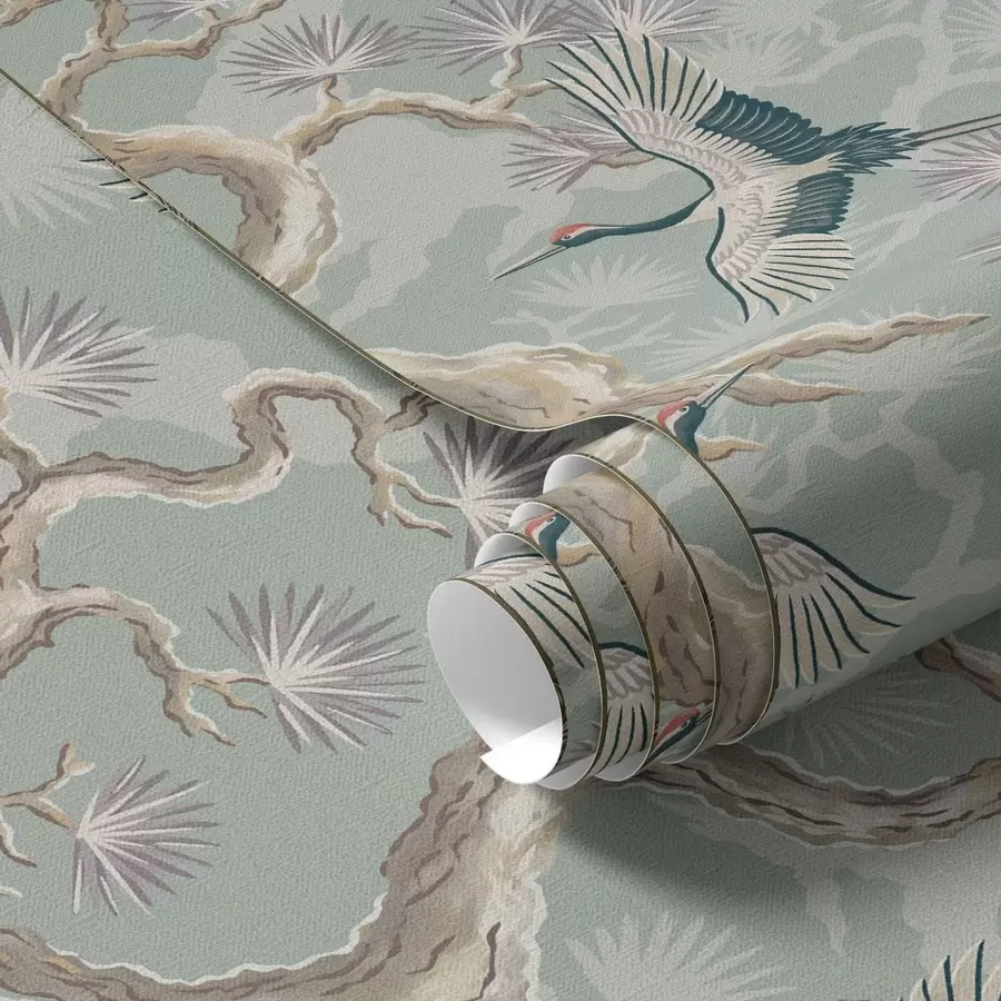 wall murals Cranes among curved branches on a soft sage-coloured background a01023