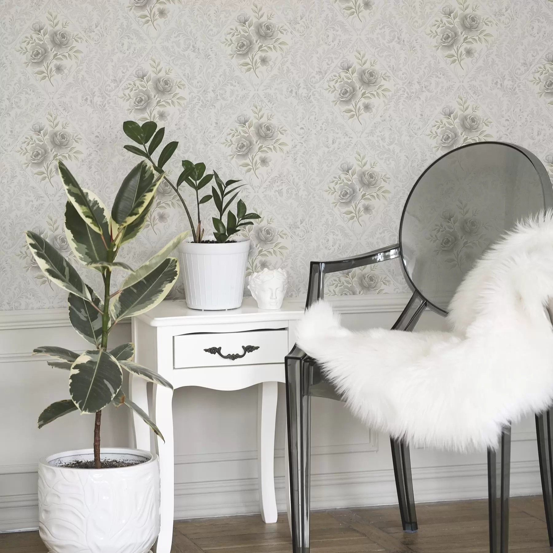 murales Diseño damasco claro con rosas grises en rombos suaves a01024