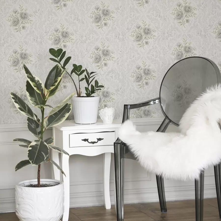 peintures murales Motif damassé clair avec des roses grises dans des losanges doux a01024