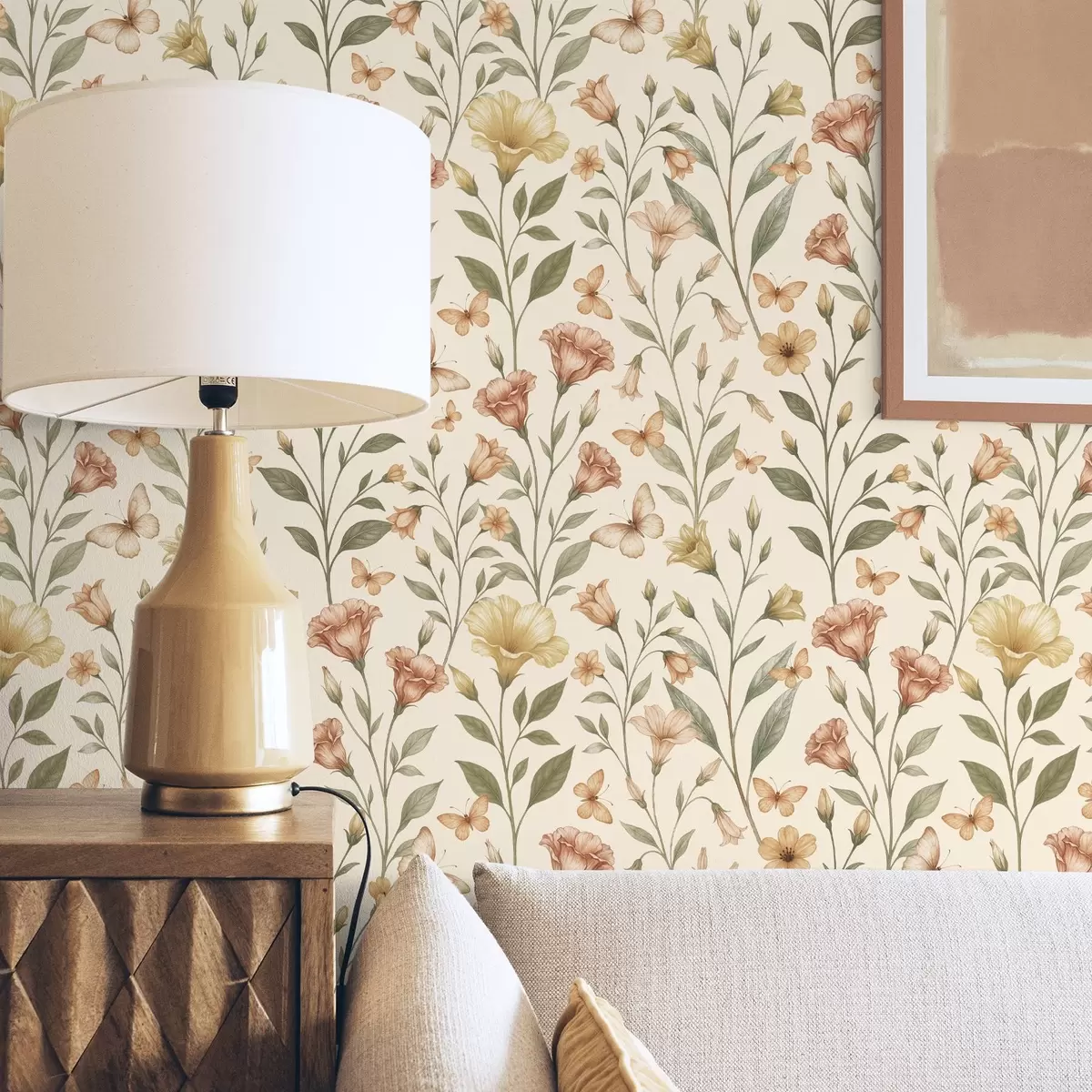 Papier peint Délicates fleurs de pêcher et papillons sur fond crème chaud a01026