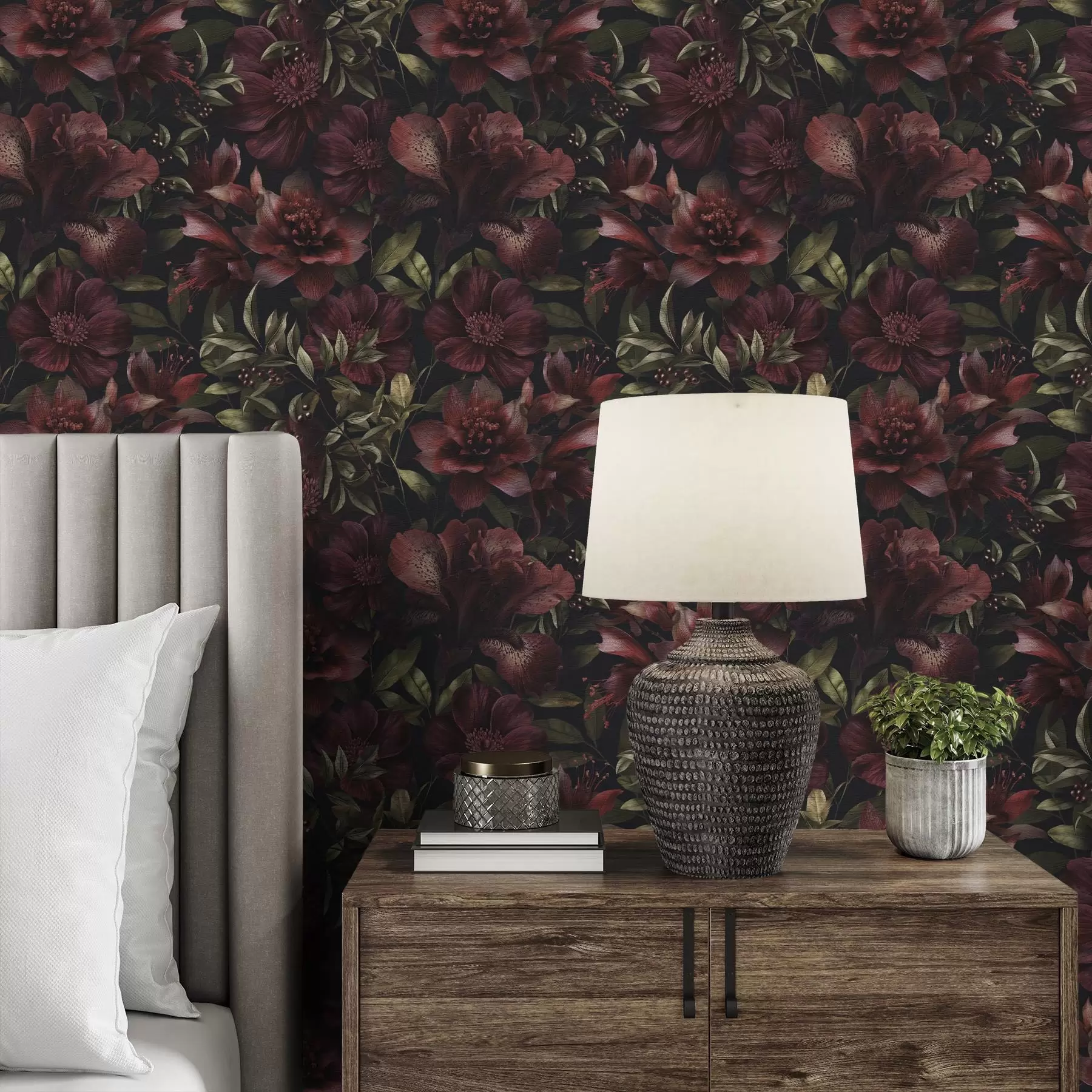 Wall Mural Photo Wallpaper Rich burgundy flowers on a dark background a01032