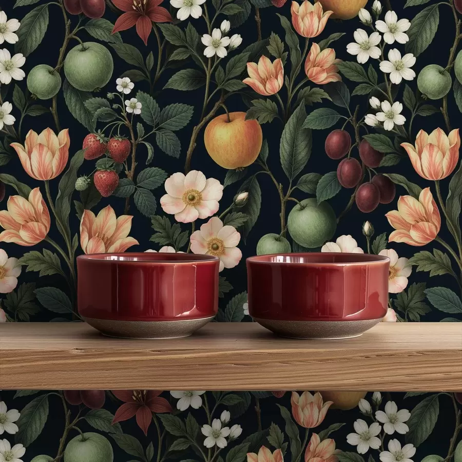 murales Jardín oscuro con flores, manzanas maduras y bayas. a01034