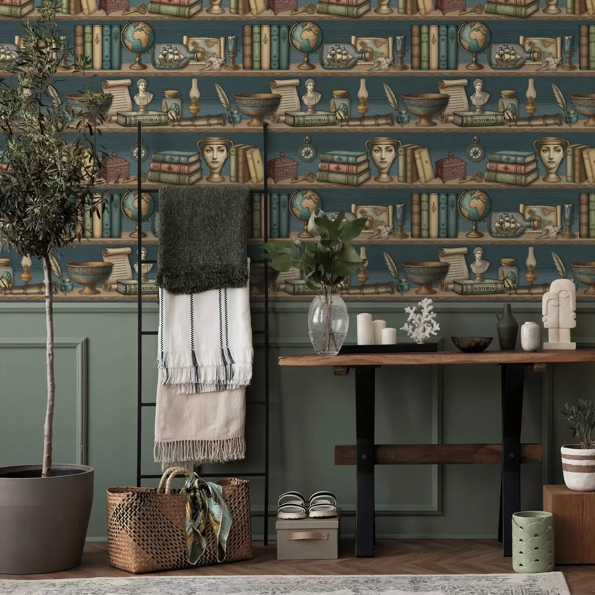 Wallpaper Vintage shelves with books, a globe and sea curiosities a01036